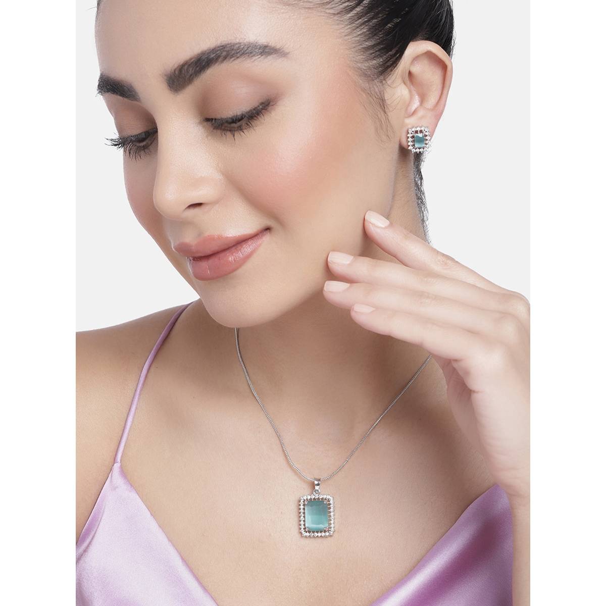 Estele Silver Plated Cz Square Designer Pendant Set with Mint Green Stones for Women (Set of 2)