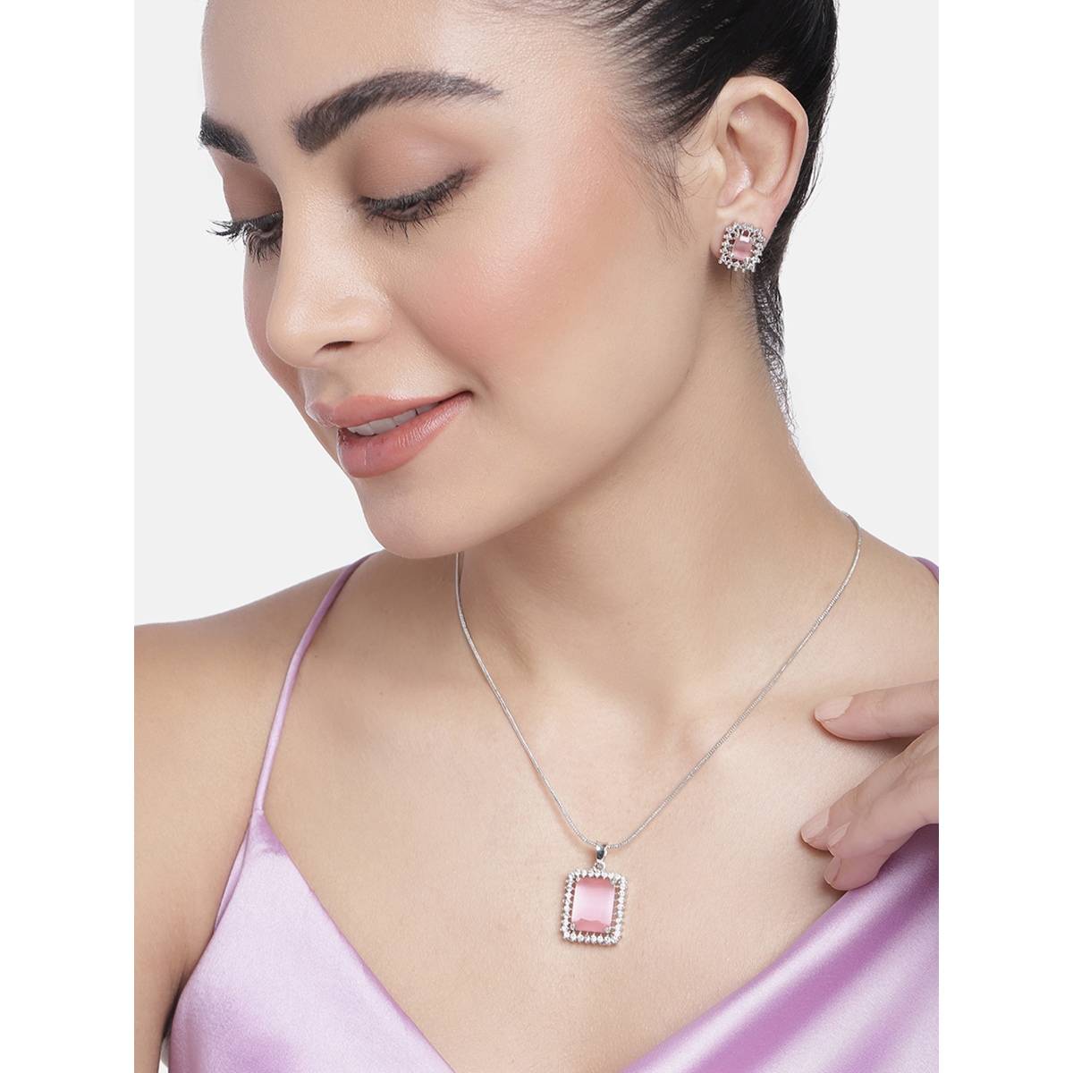 Estele Silver Plated Cz Square Designer Pendant Set with Mint Pink Stones for Women (Set of 2)