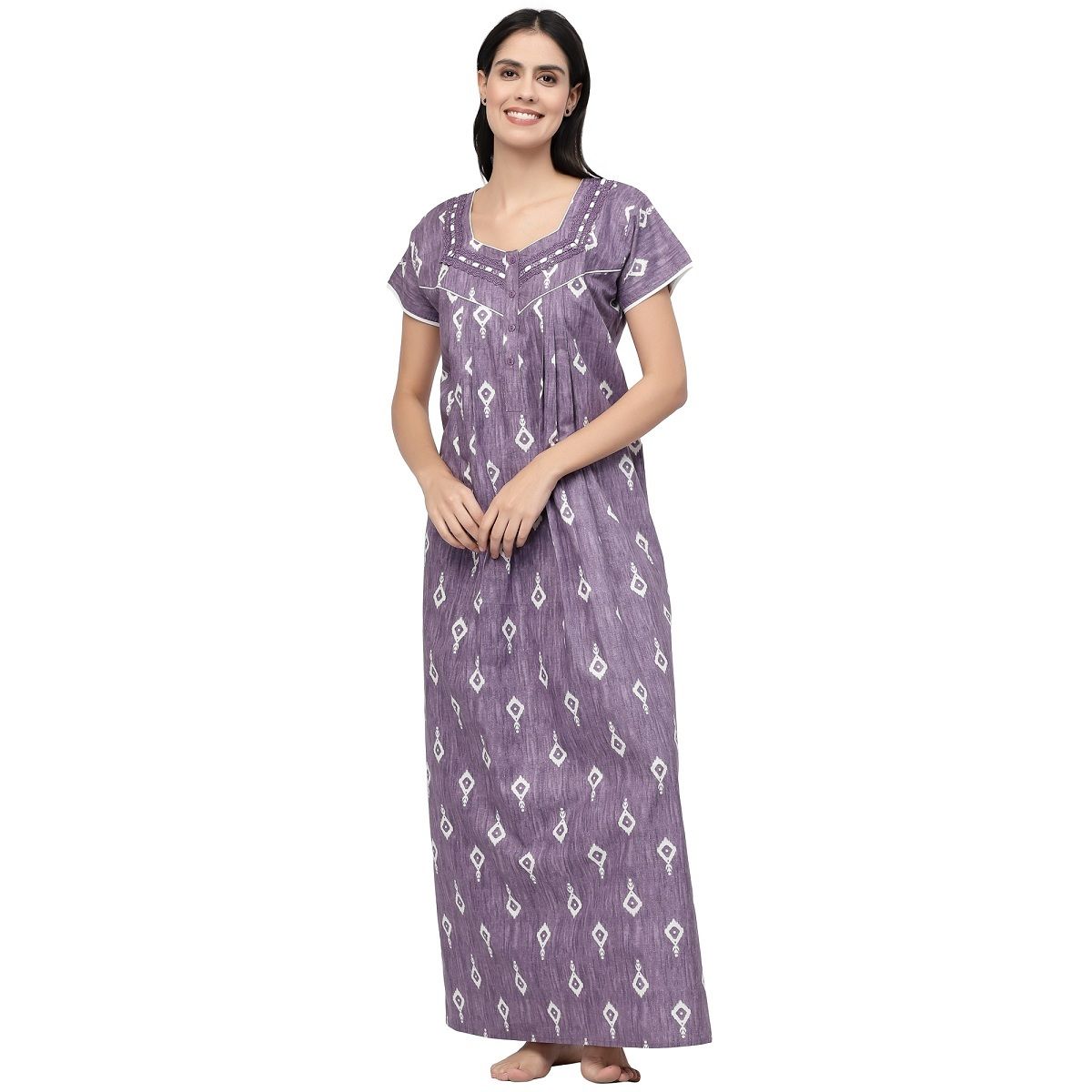 Summer Purple Regular Fit Skin Friendly Ladies Round-neck Half Sleeves  Embroidered Cotton Nighty at Best Price in Surat