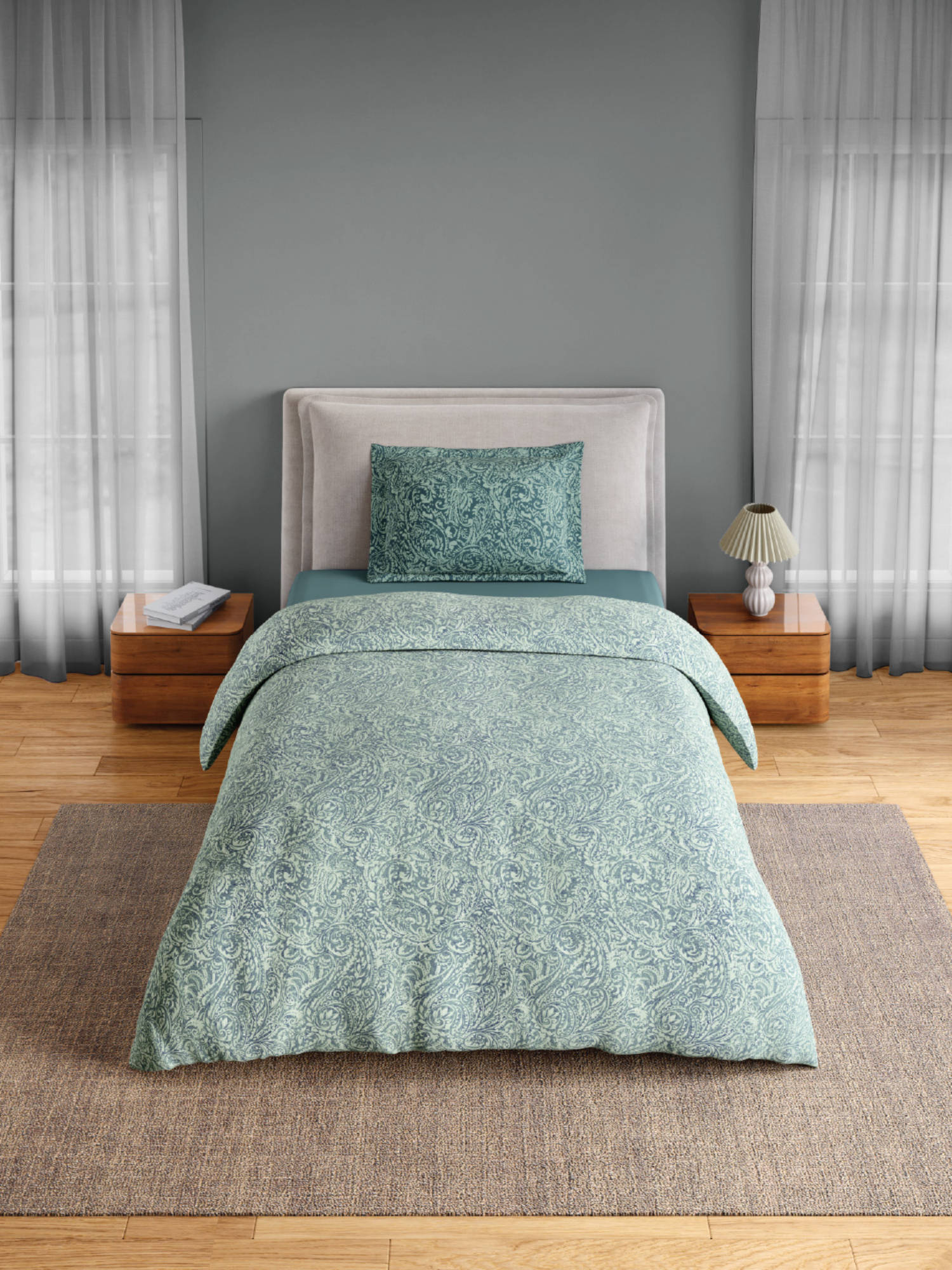 SPACES Green Fiora Cotton 144 TC Percale Bedsheet with 1 Pillow Cover (Single)