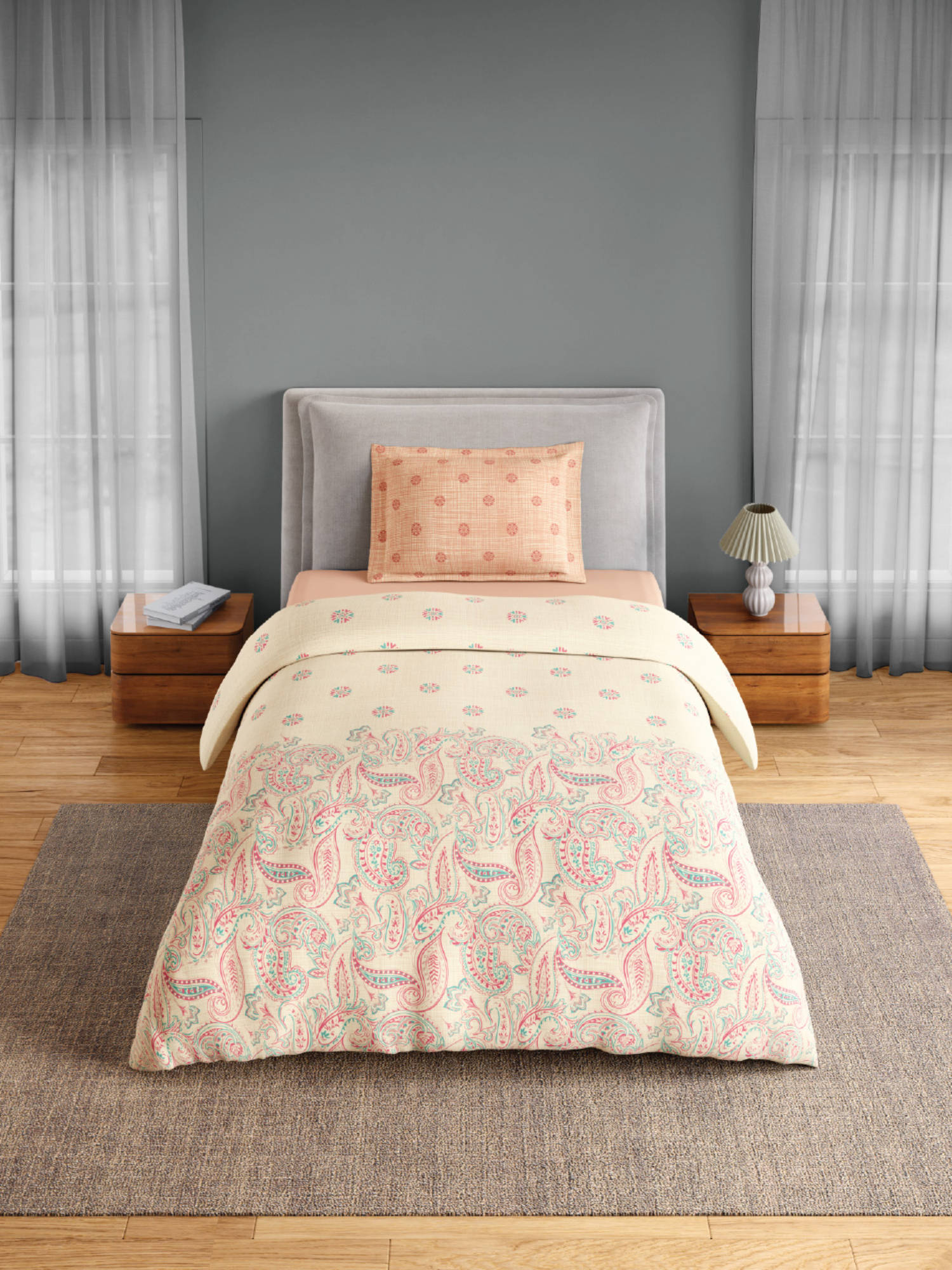 SPACES Orange Fiora Cotton 144 TC Percale Ornate Bedsheet with 1 Pillow Cover (Single)
