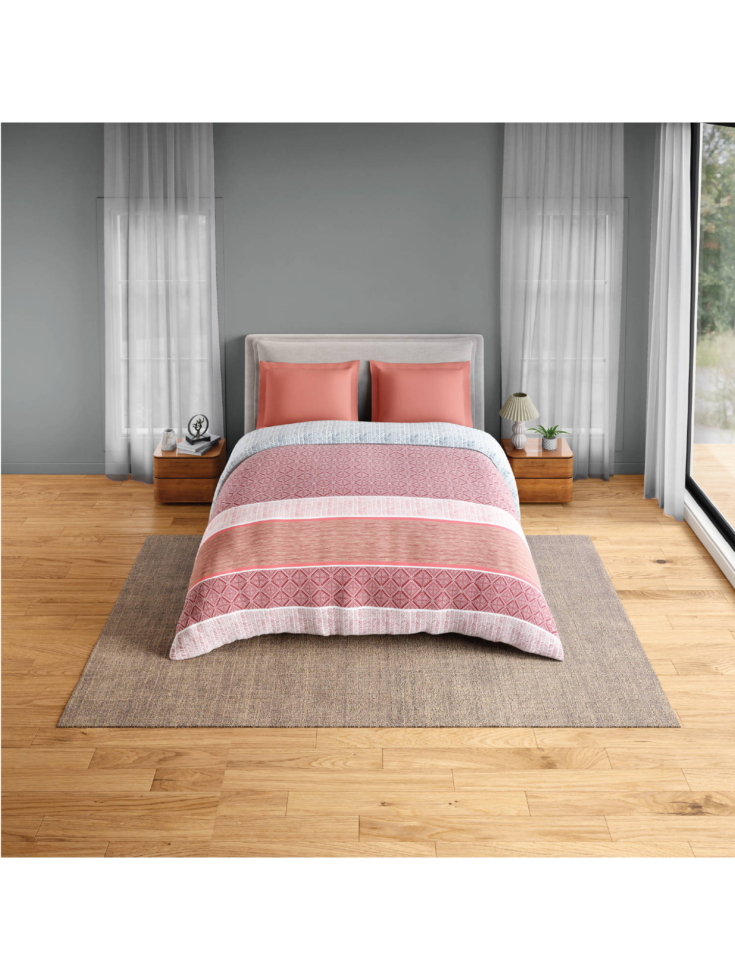 SPACES Red Fiora Cotton 144 TC Percale Geometric Quilt (Double)