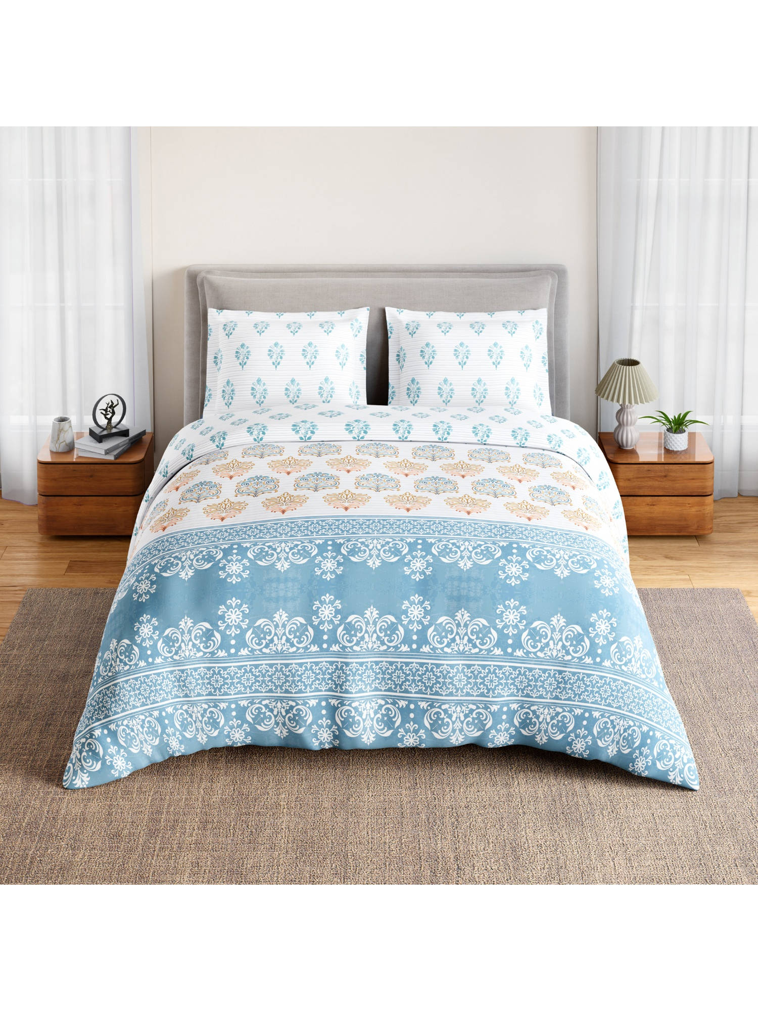 SPACES Blue Summer Carvan Cotton 132 TC Bedsheet with 2 Pillow Covers (Double)