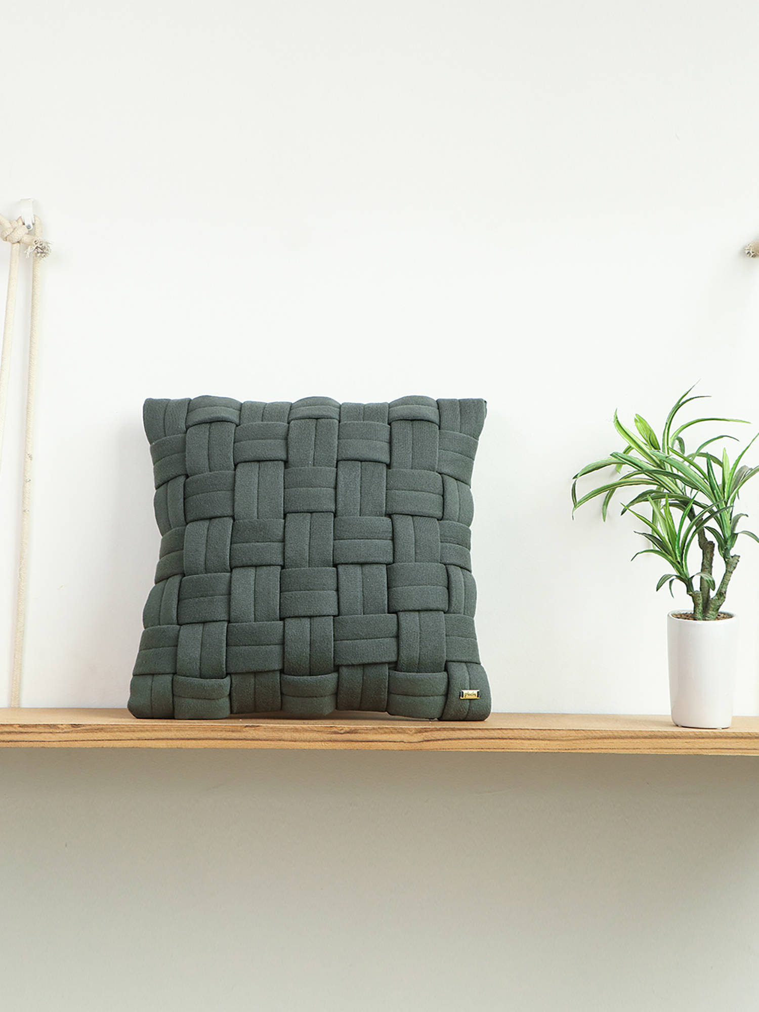 PLUCHI Grey Basket Knit Cotton Knitted Honey Dew Cushion Cover (16 x 16 Inches)