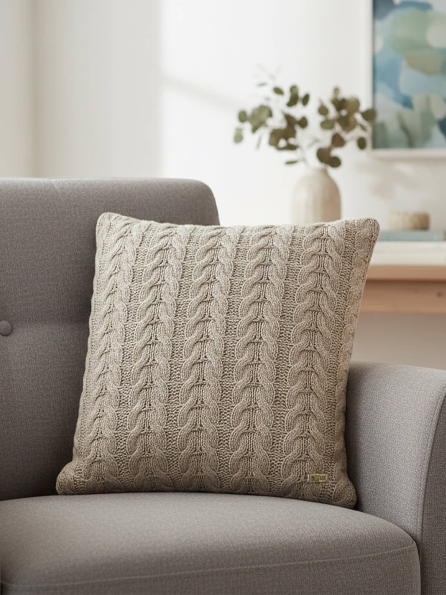 PLUCHI Colette Cloudy Grey Cotton Knitted Cushion Cover (16 x 16 Inches)