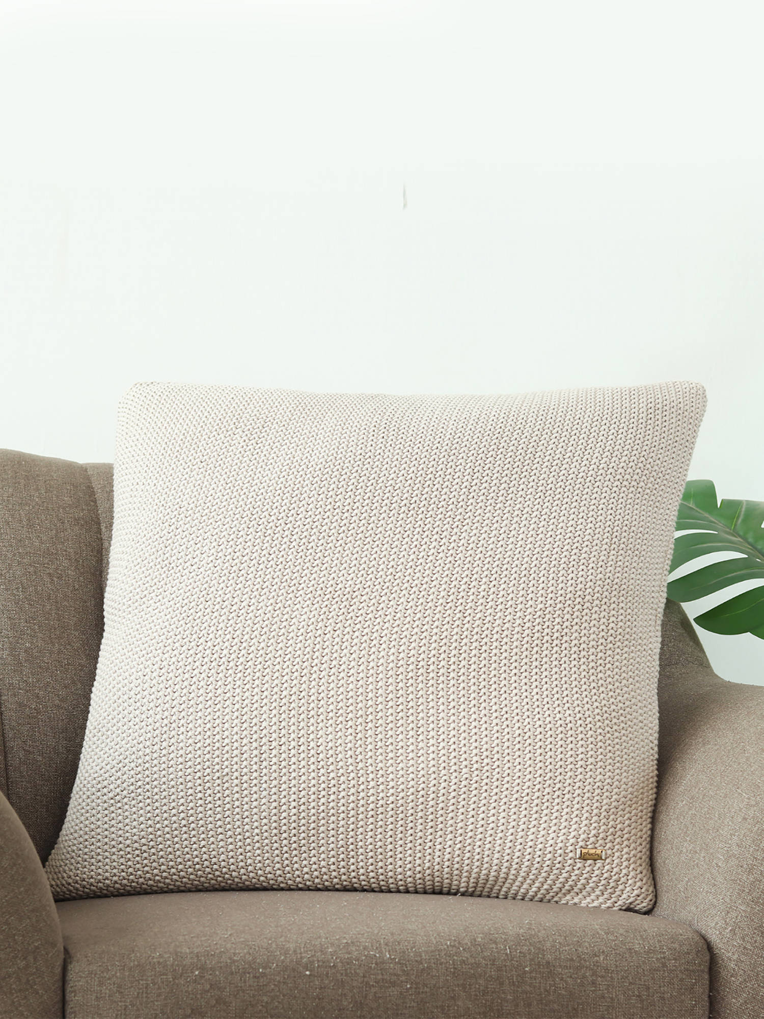 PLUCHI Moss Knit Pale Whisper Beige Cotton Knitted Cushion Cover (24 x 24 Inches)
