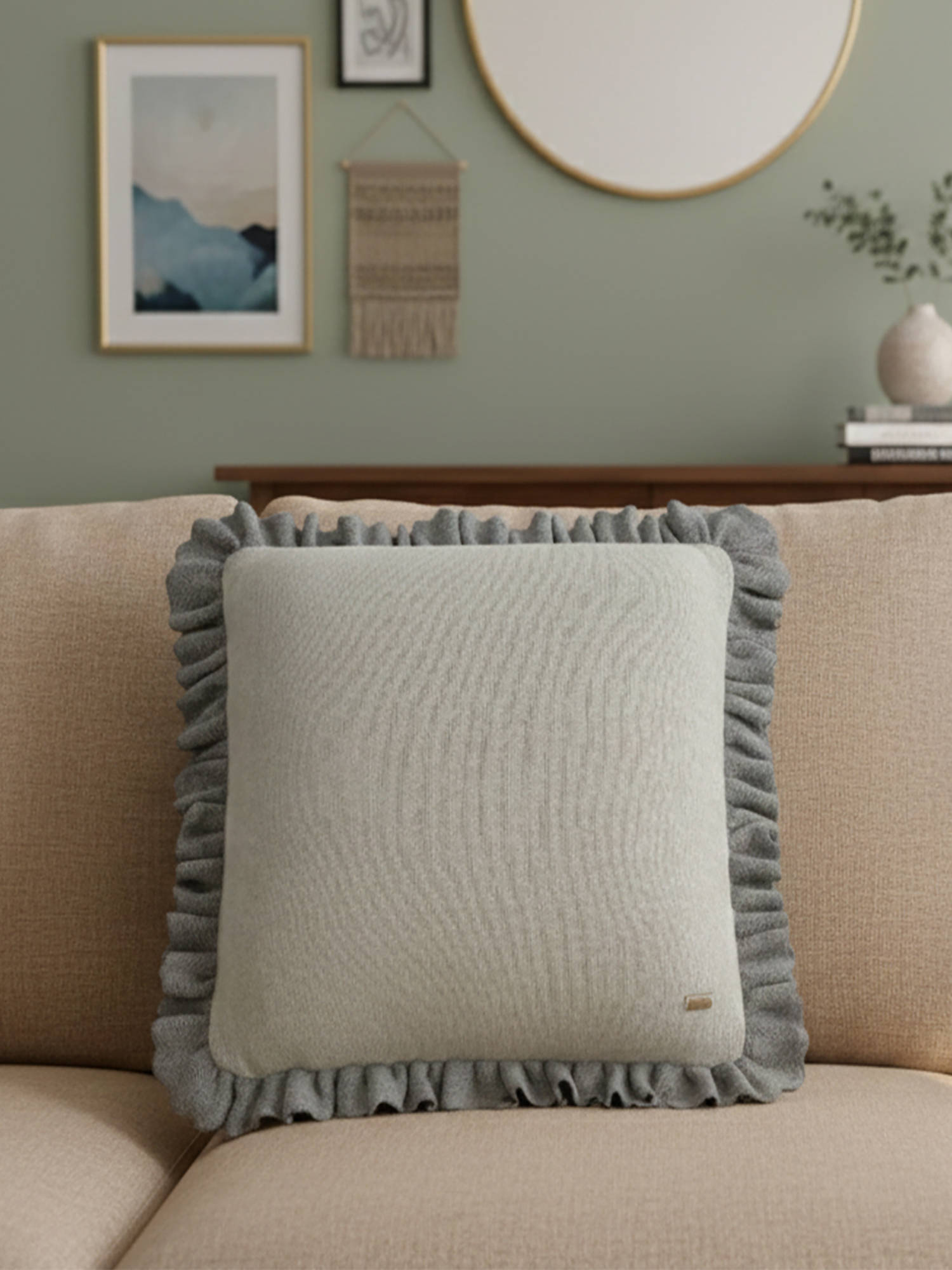 PLUCHI Ruffle Mint Cream & Duck Grey Cotton Knitted Cushion Cover (16 x 16 Inches)