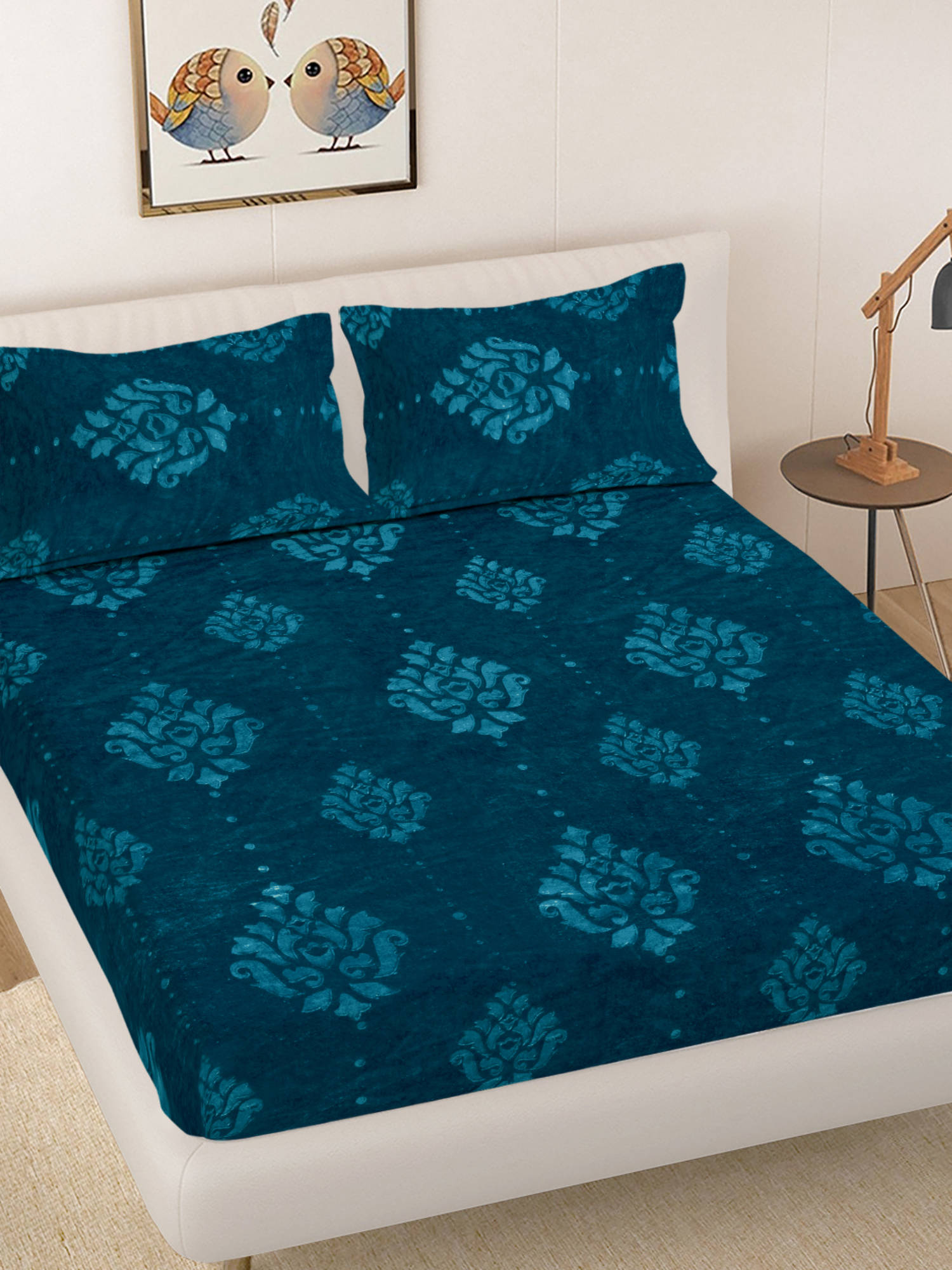 FABINALIV Rama Teal Ethnic Embossed Bedsheet with 2 Pillow Covers (King)