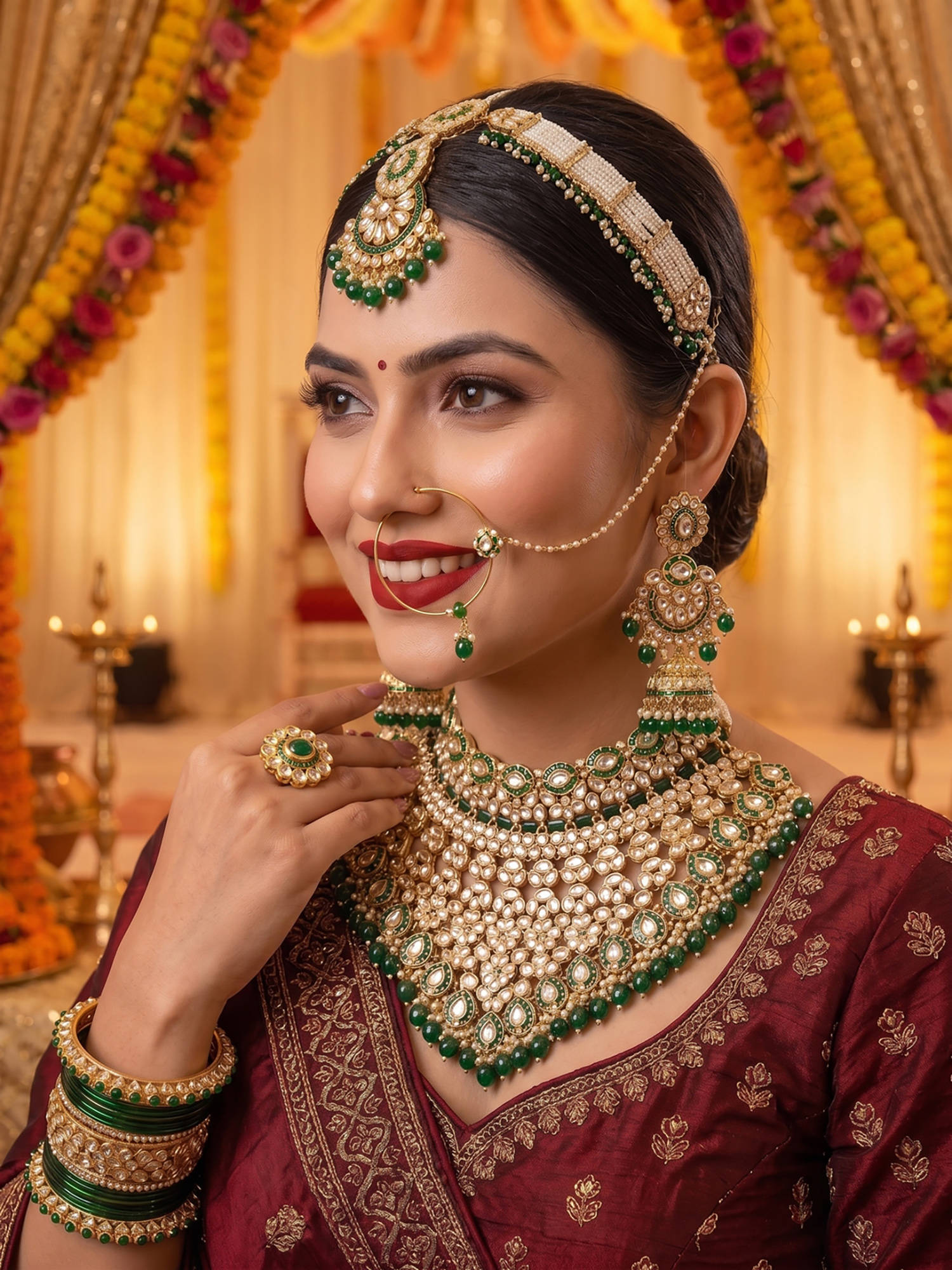 NUI Green Alloy Gold Plated Jewellery Set
