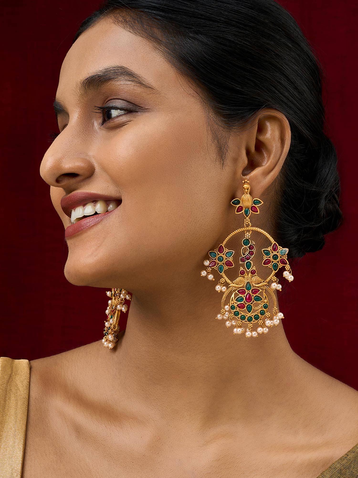 Teejh Mayi Gold Red and Green Danglers