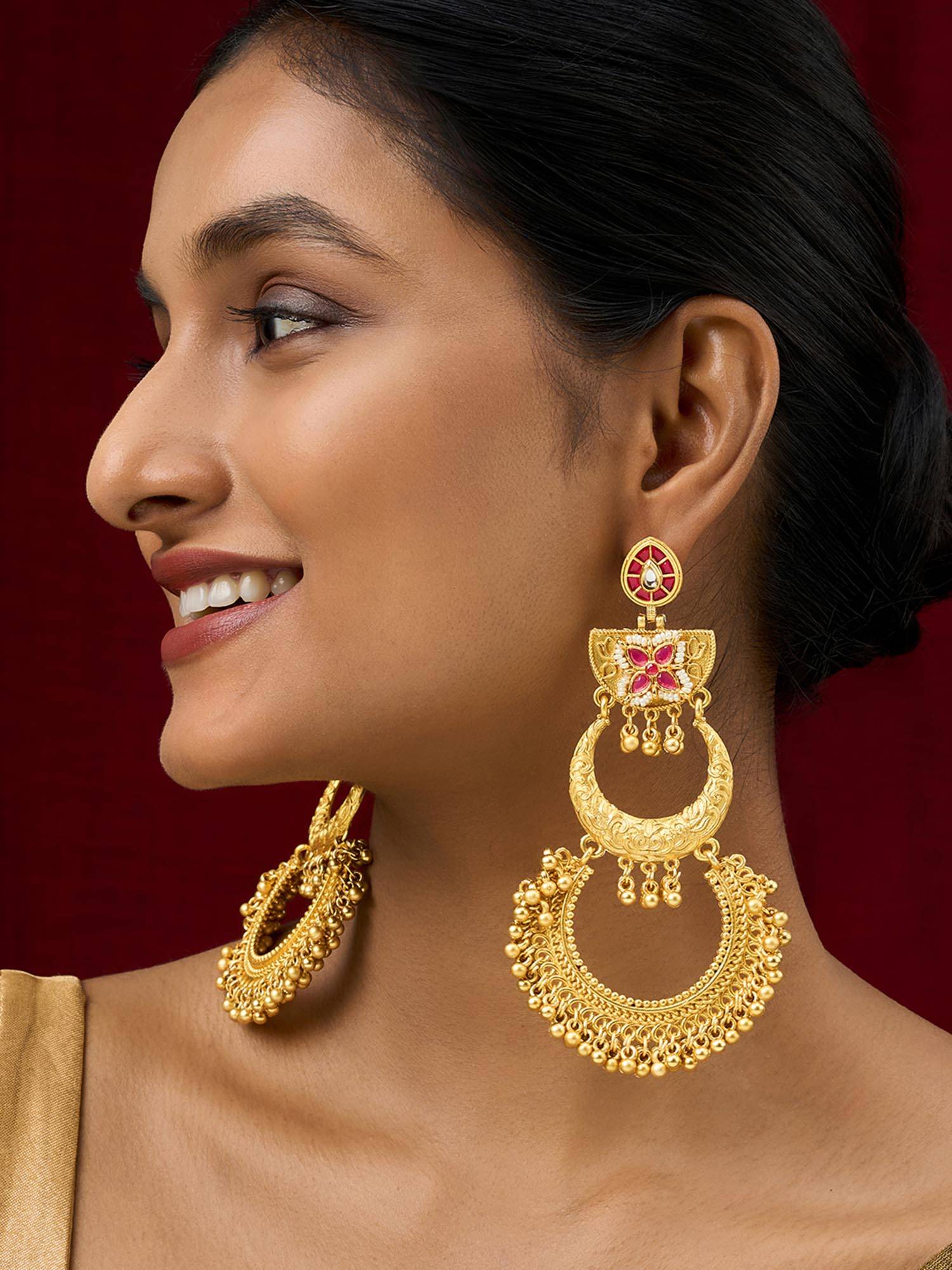 Teejh Aarzaa Gold Ghungroo Red Stone Chandbali
