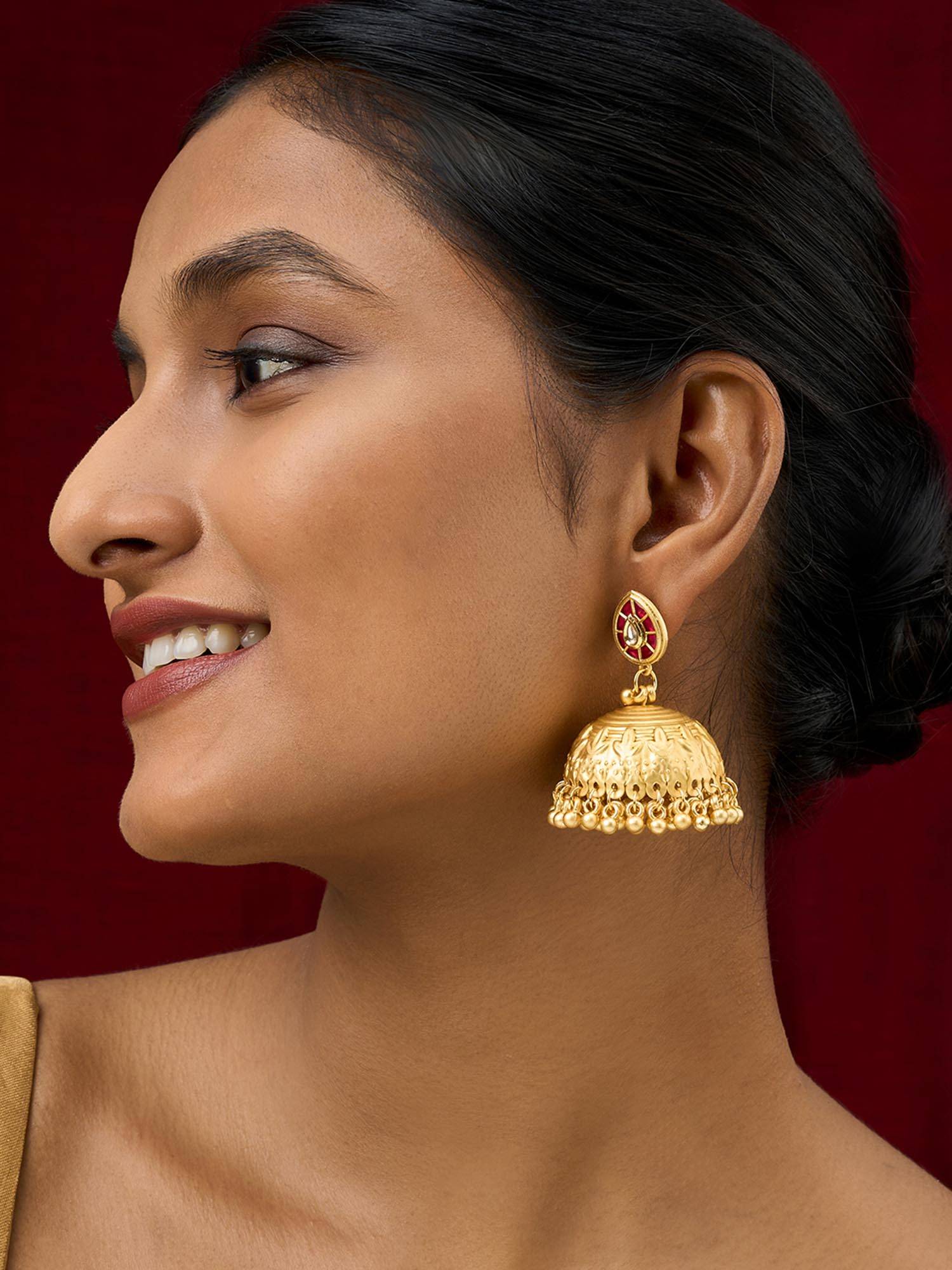 Teejh Durva Gold and Red Ghungroo Jhumkas