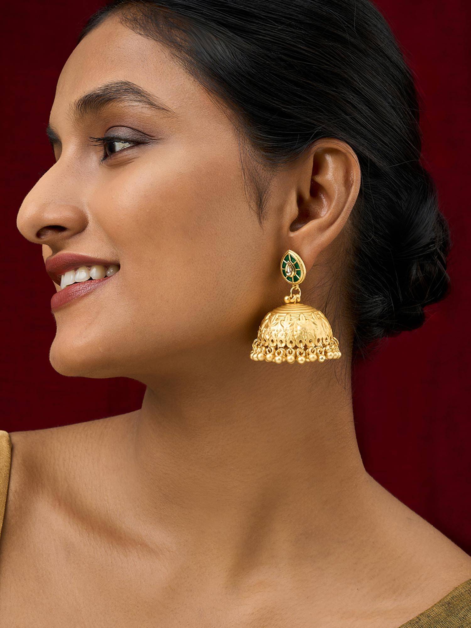 Teejh Durva Gold and Green Ghungroo Jhumkas