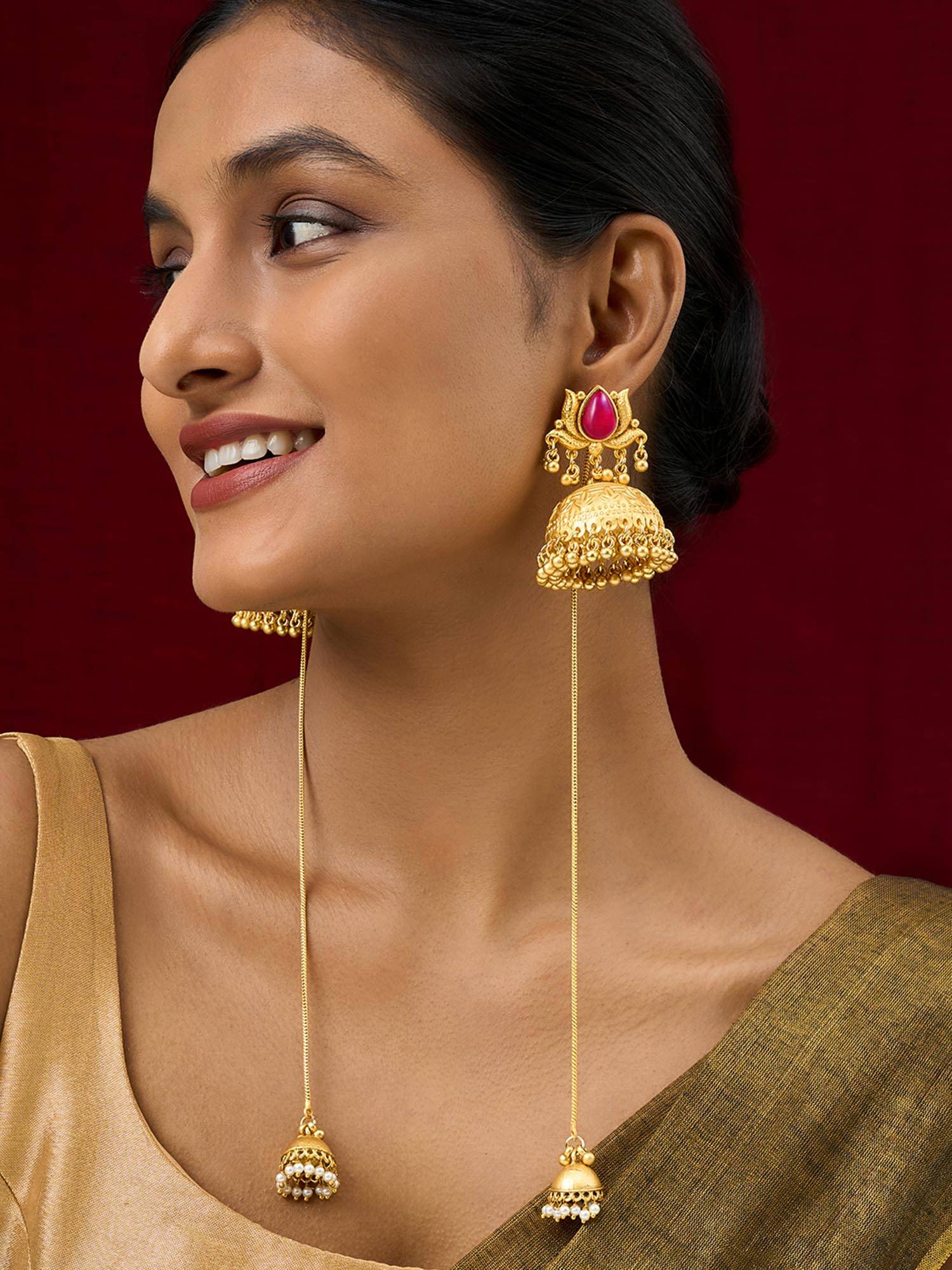 Teejh Gulis Gold and Red Ghungroo Jhumkas