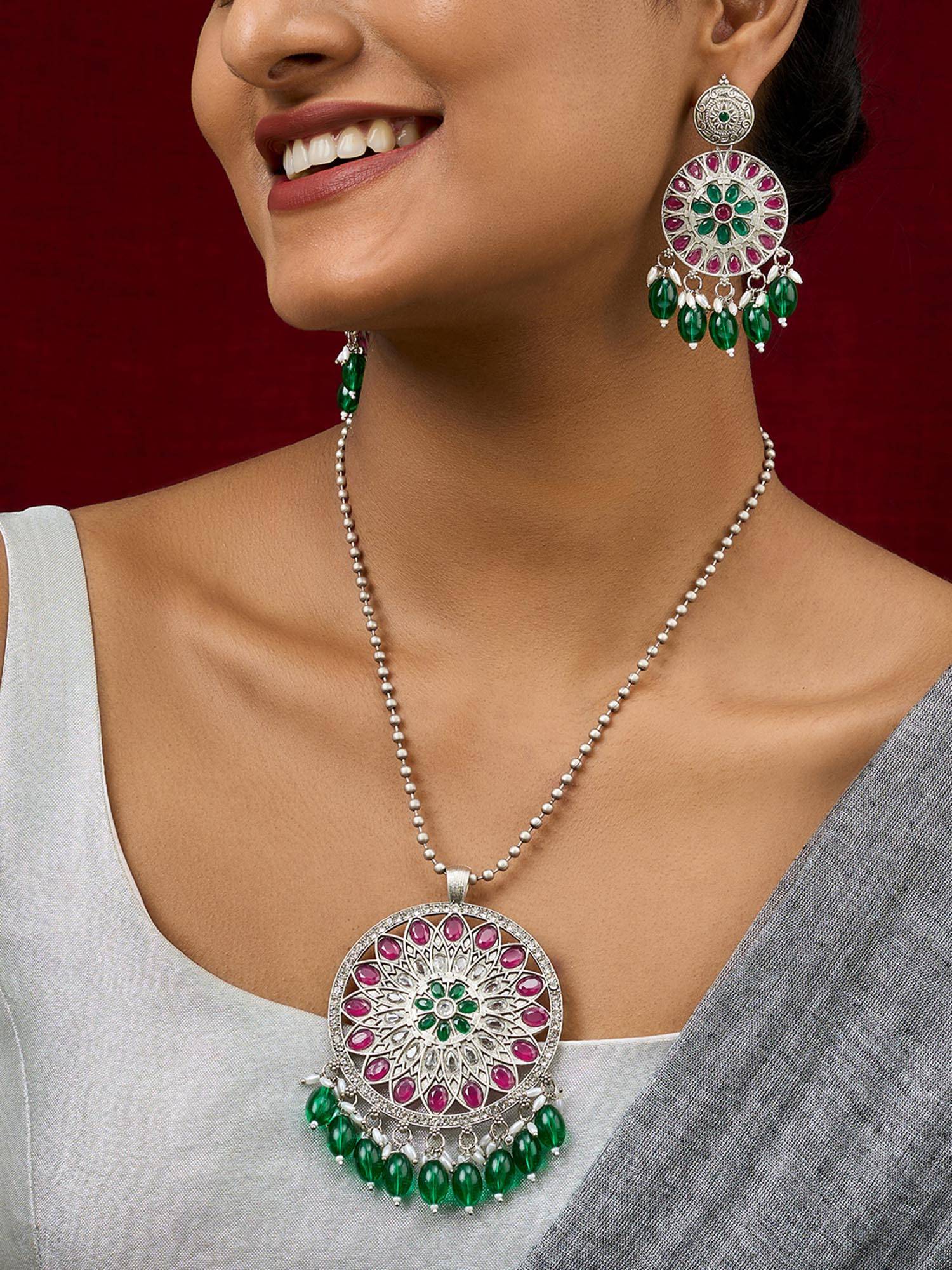 Teejh Rupika Beaded Silver Necklace Set