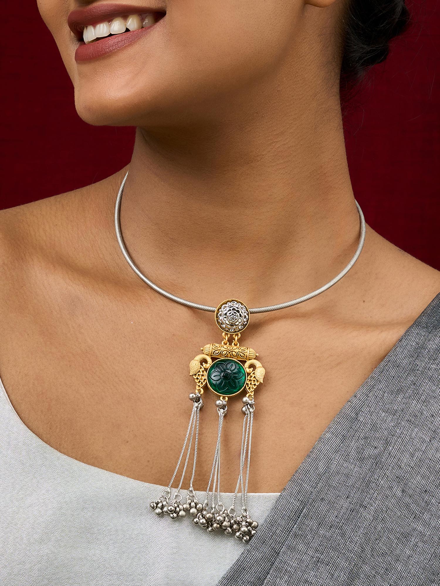 Buy Teejh Tari Dual Tone Green Stone Necklace Online Buy Teejh Tari Dual Tone Green Stone Necklace Online
