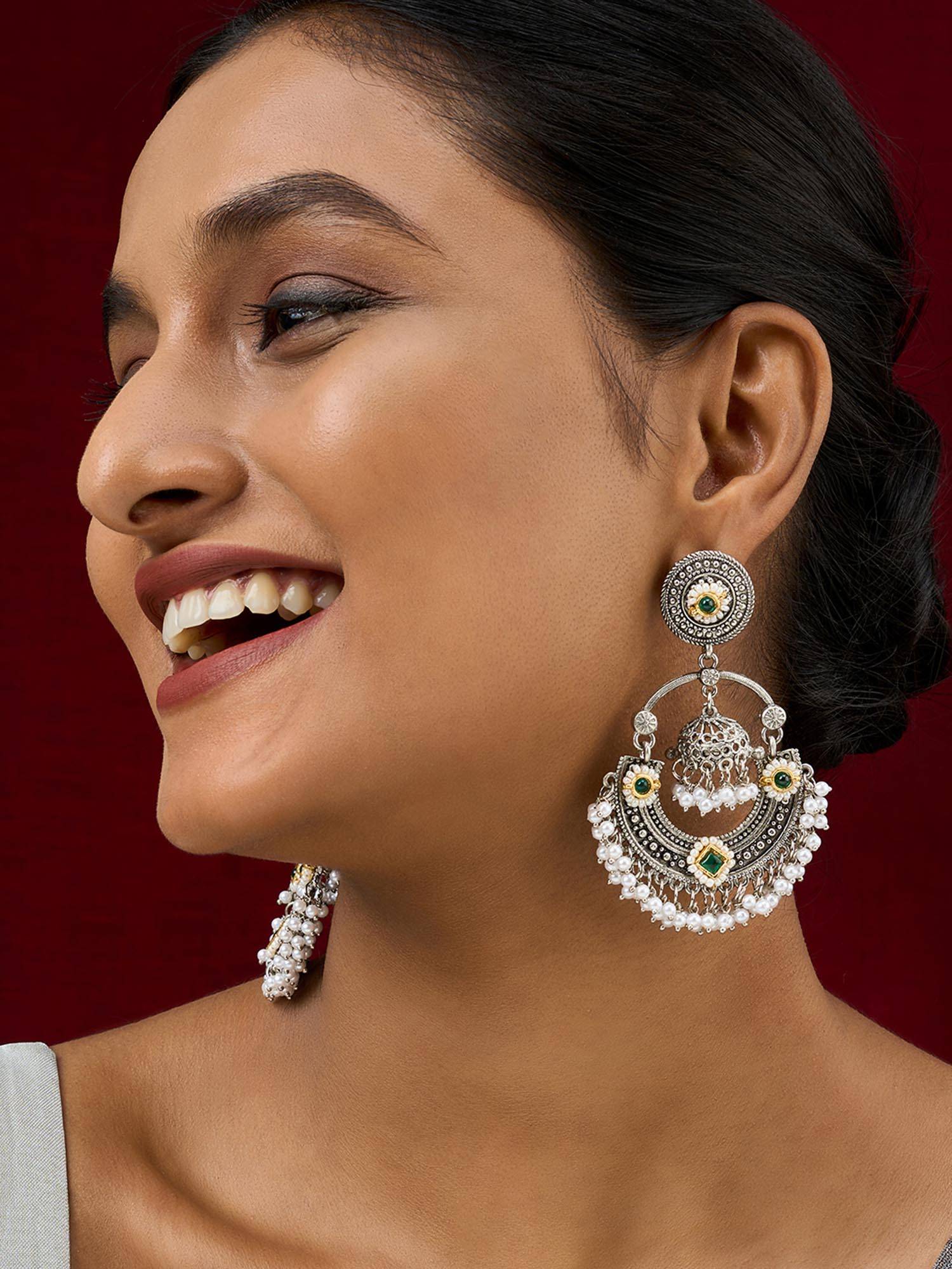 Teejh Dharal Green Stone Silver Chandbali