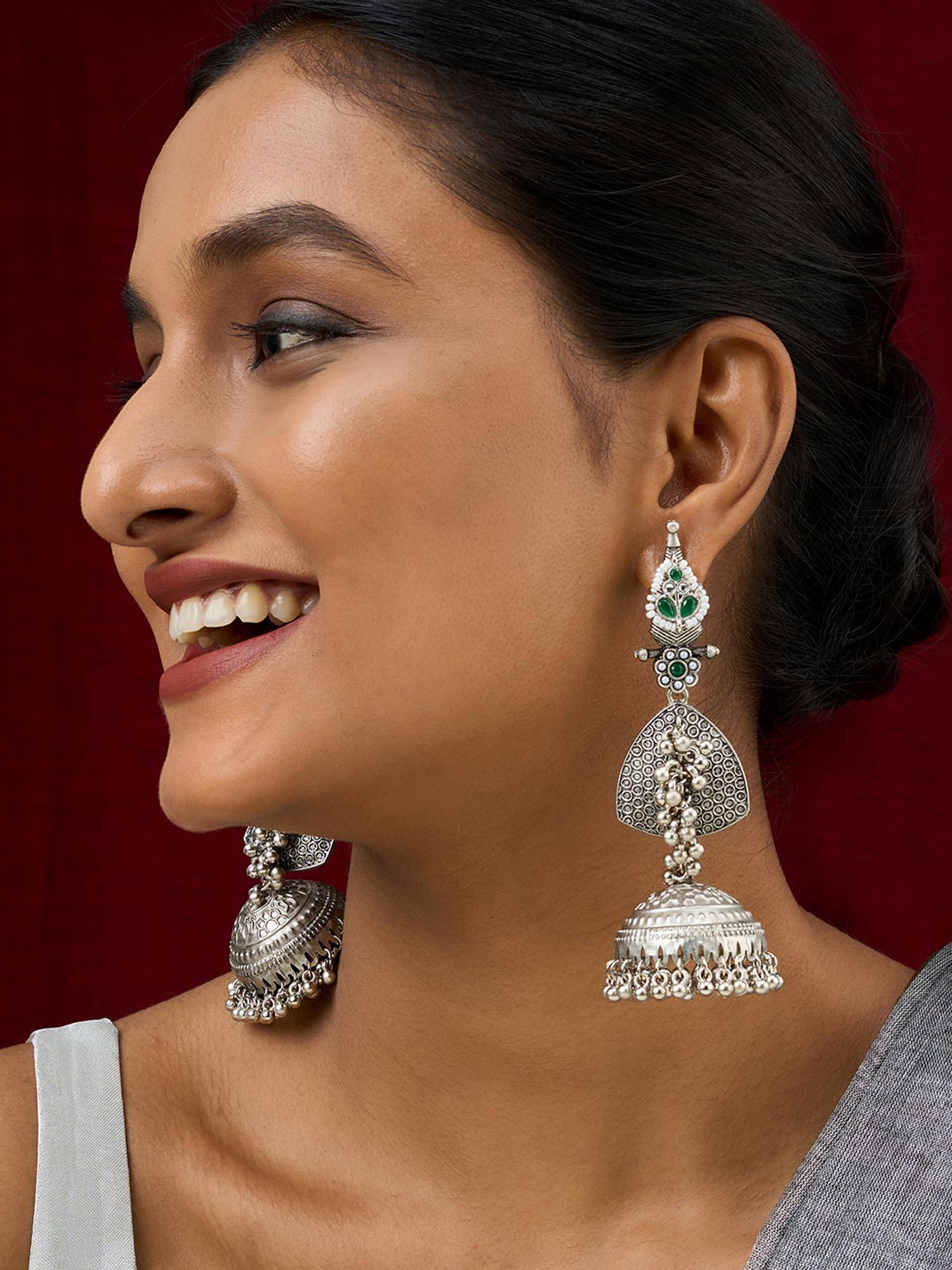 Teejh Dvi Silver and Green Ghungroo Jhumkas