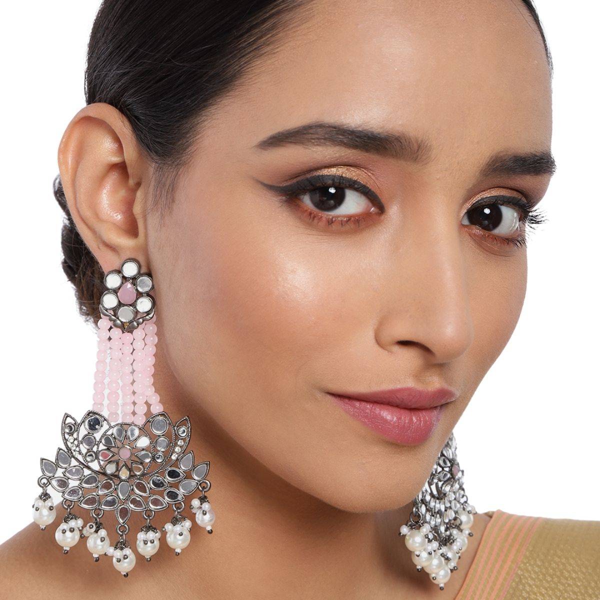 Accessher Stylish Latest Designer Fancy Antique Silver-Pink Tone Earring For Women And Girls