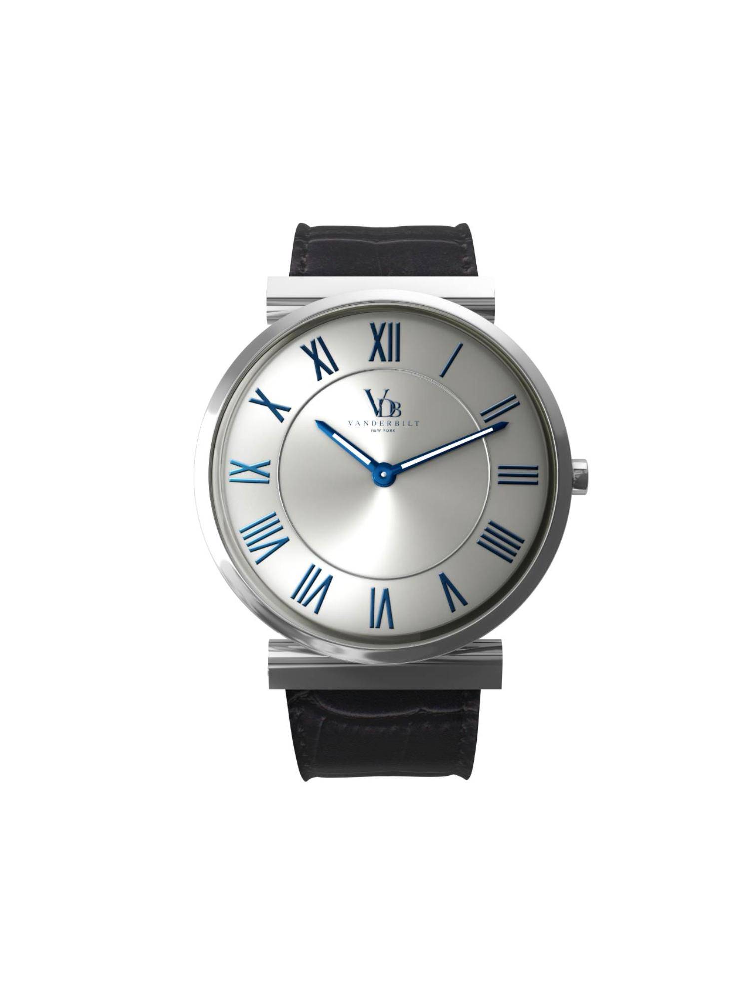 Vanderbilt New York Men Silver and Black-Leather Strap- Quartz Watch-26WNWHT (M)