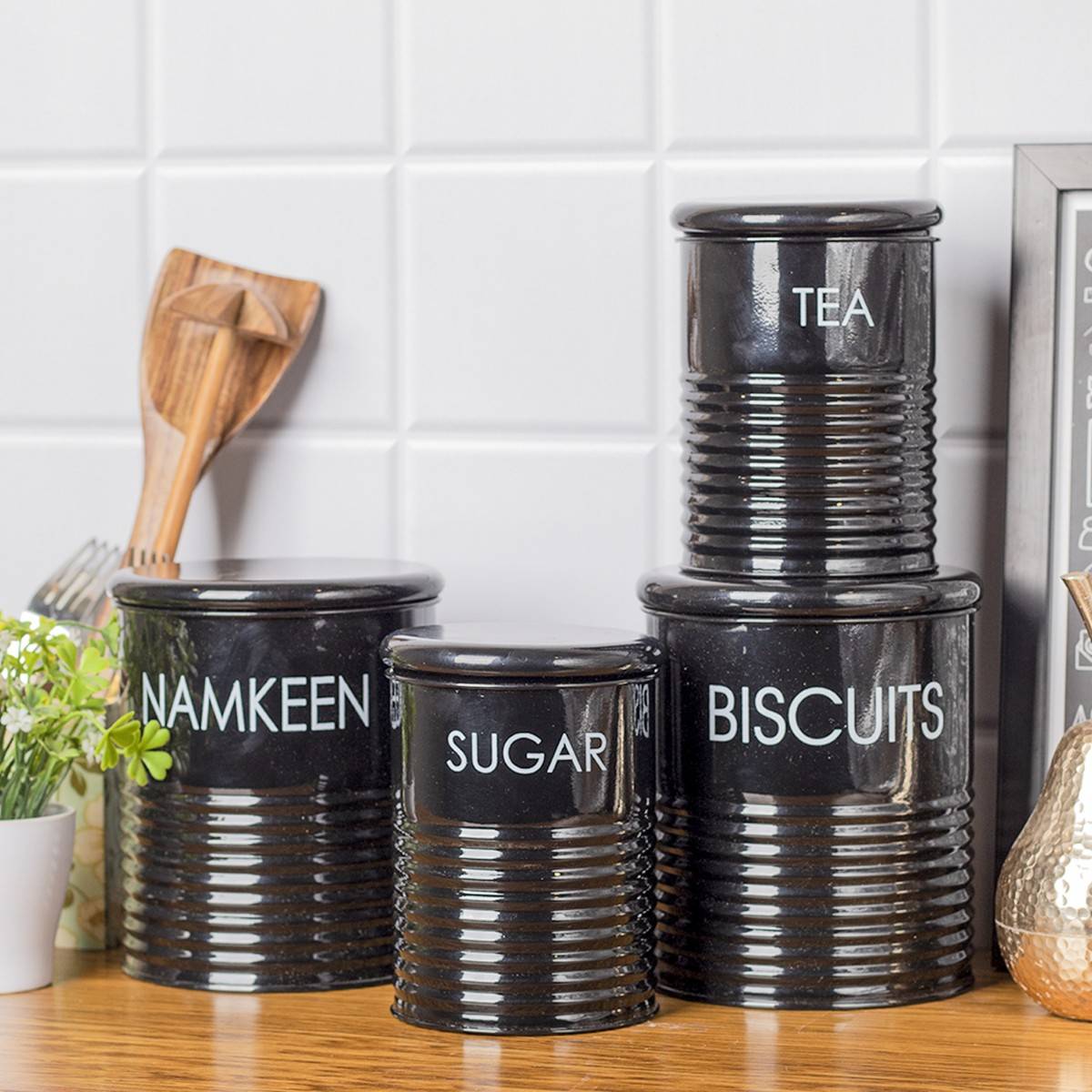 Voncasa Tea & Sugar Jar -Each 900 Ml Biscuits & Namkeen Jar - Each 1700 Ml Black (Set of 4)