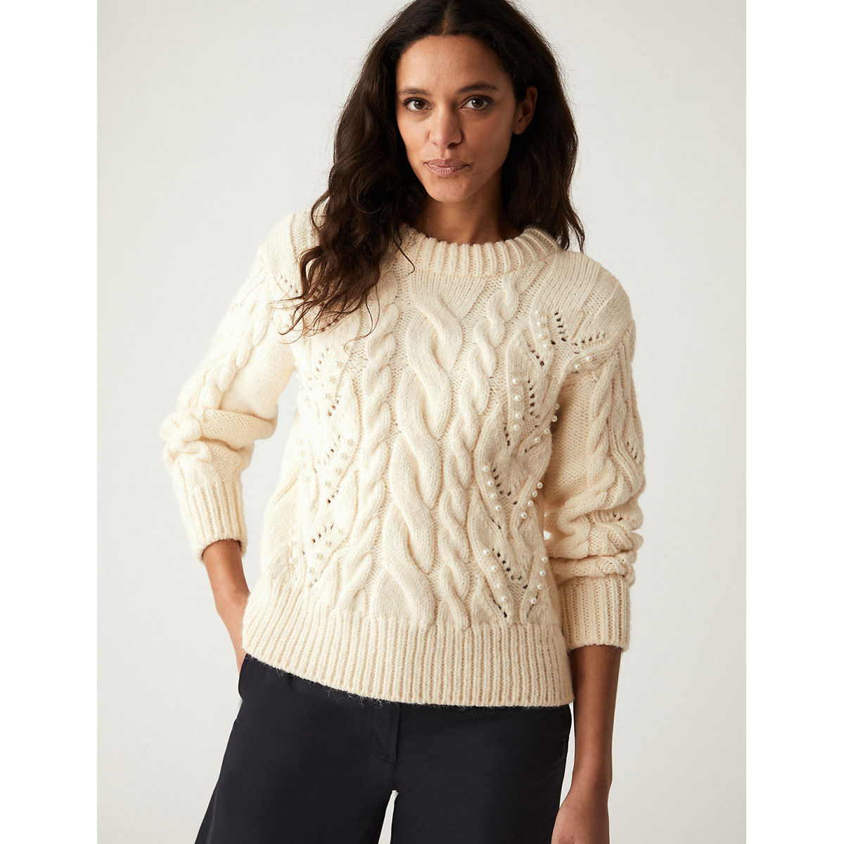 Buy Marks & Spencer Embellished Cable Knit Crew Neck Cream Sweater Online