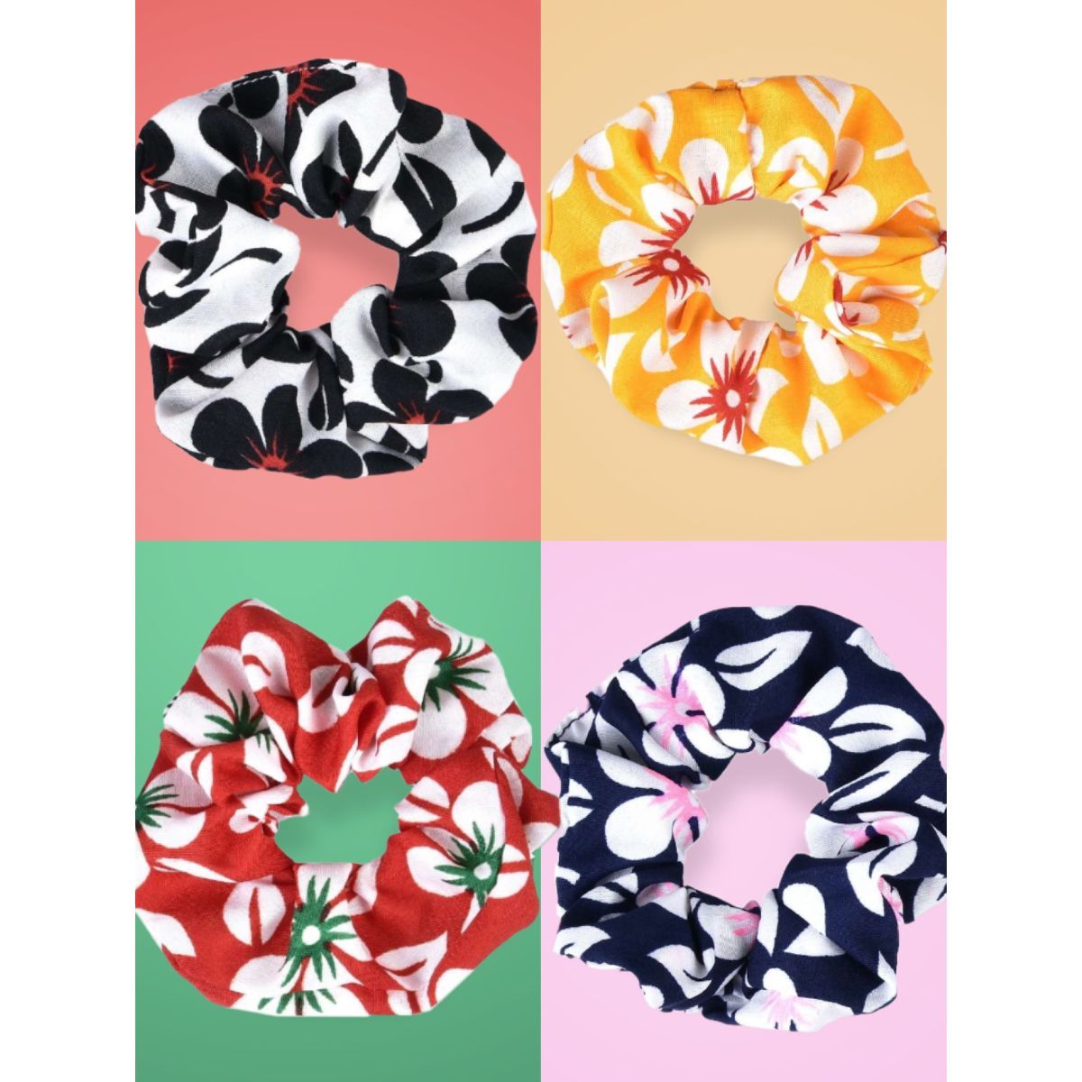 OOMPH Combo of 8 Pink Yellow Blue Floral Scrunchy Rubber Band Hair Tie