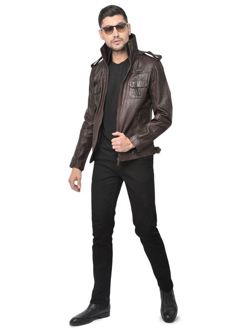 WOODLAND Mens Solid Full Sleeves Brown Jacket