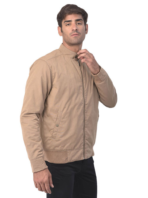 WOODLAND Mens Solid Full Sleeves Beige Jacket