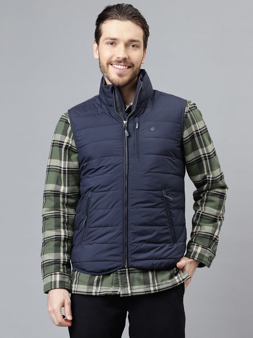 WOODLAND Mens Solid Sleeveless Navy Blue Jacket