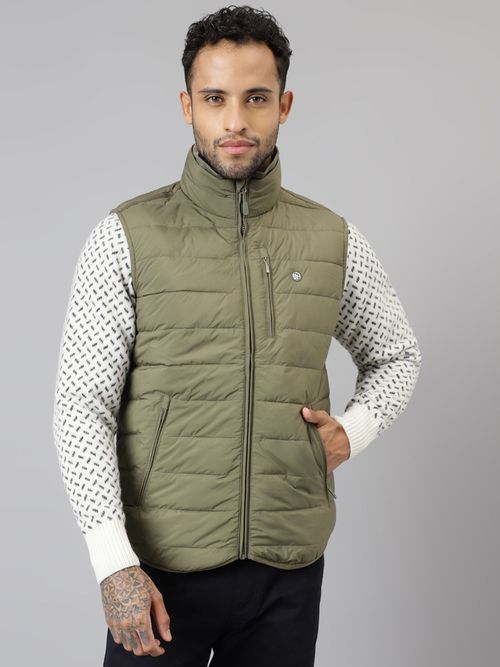 WOODLAND Mens Solid Sleeveless Green Jacket
