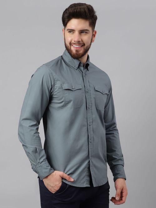 Buy WOODLAND Mens Solid Full Sleeves Grey Casual Shirt Online