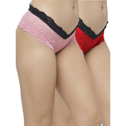 Buy N-Gal Cheeky Lace Mid Waist T Back Underwear Lingerie Thong Panty  (Combo Of 2) - Multi-Color (L) Online