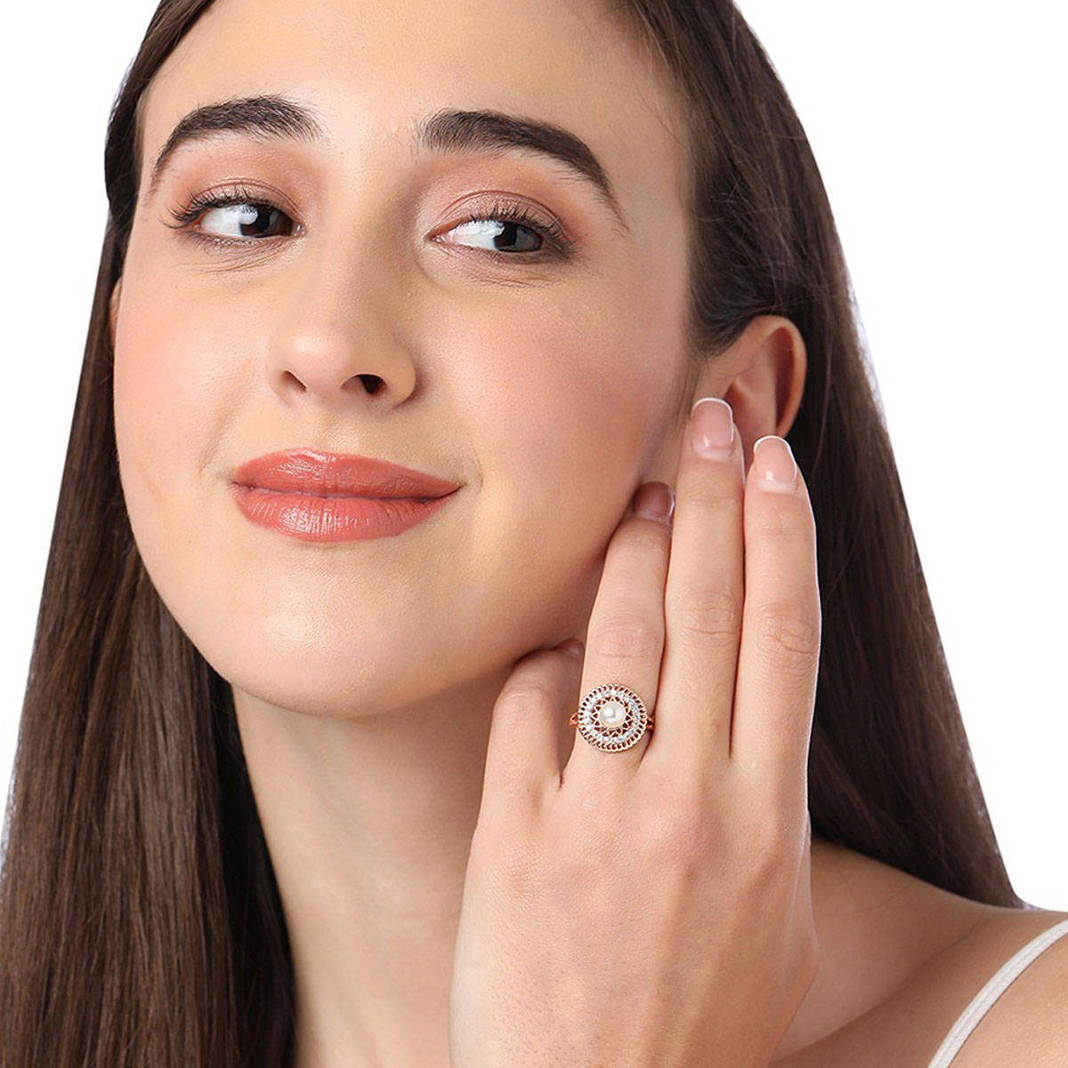 Zaveri Pearls Rose Gold Cubic Zirconia & Pearl Contemporary Brass Ring-ZPFK10900
