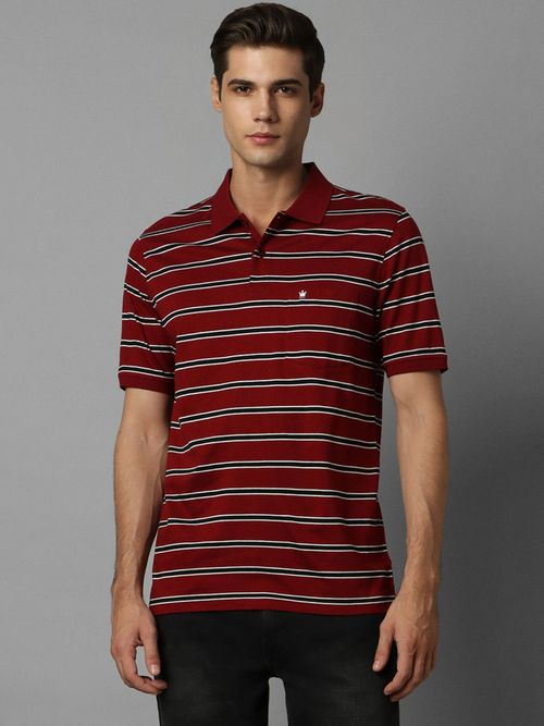Buy Louis Philippe Men Maroon Stripe Polo Neck T-shirt Online
