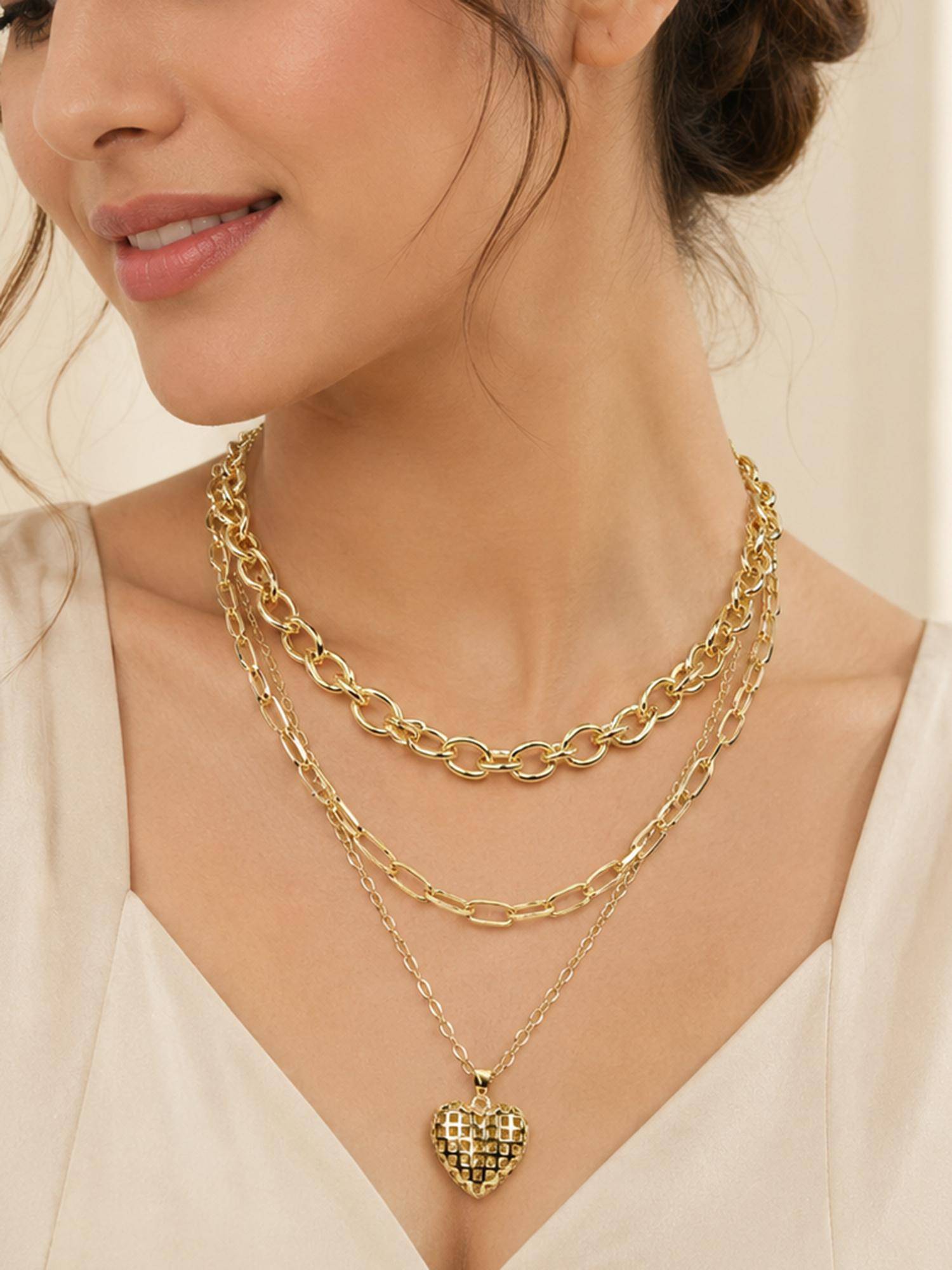 AANURA Layered Gold Chain Waffle Heart Pendant Necklace