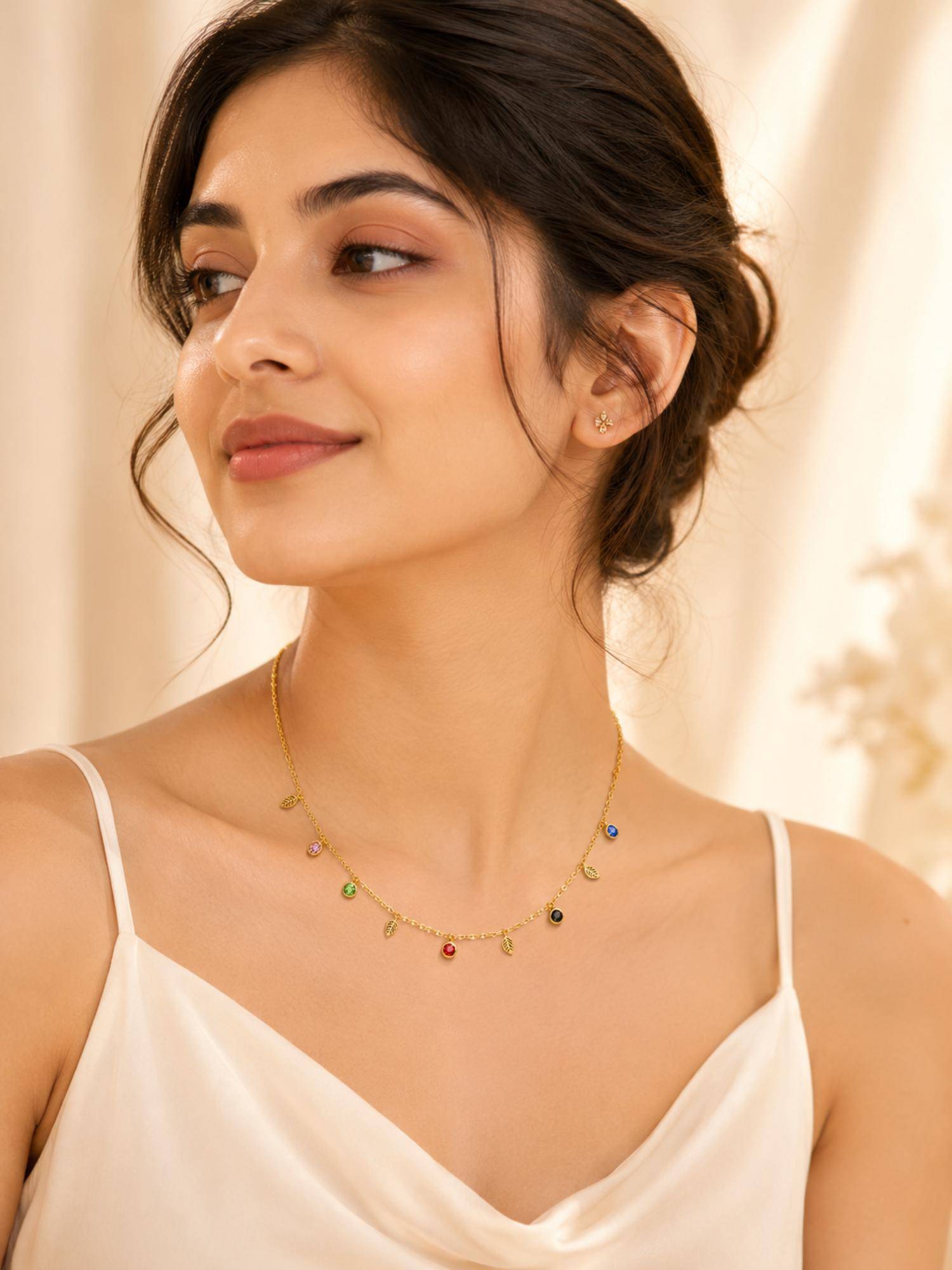 AANURA 18K Gold Plated Leaf And Colour Stone Charm Necklace