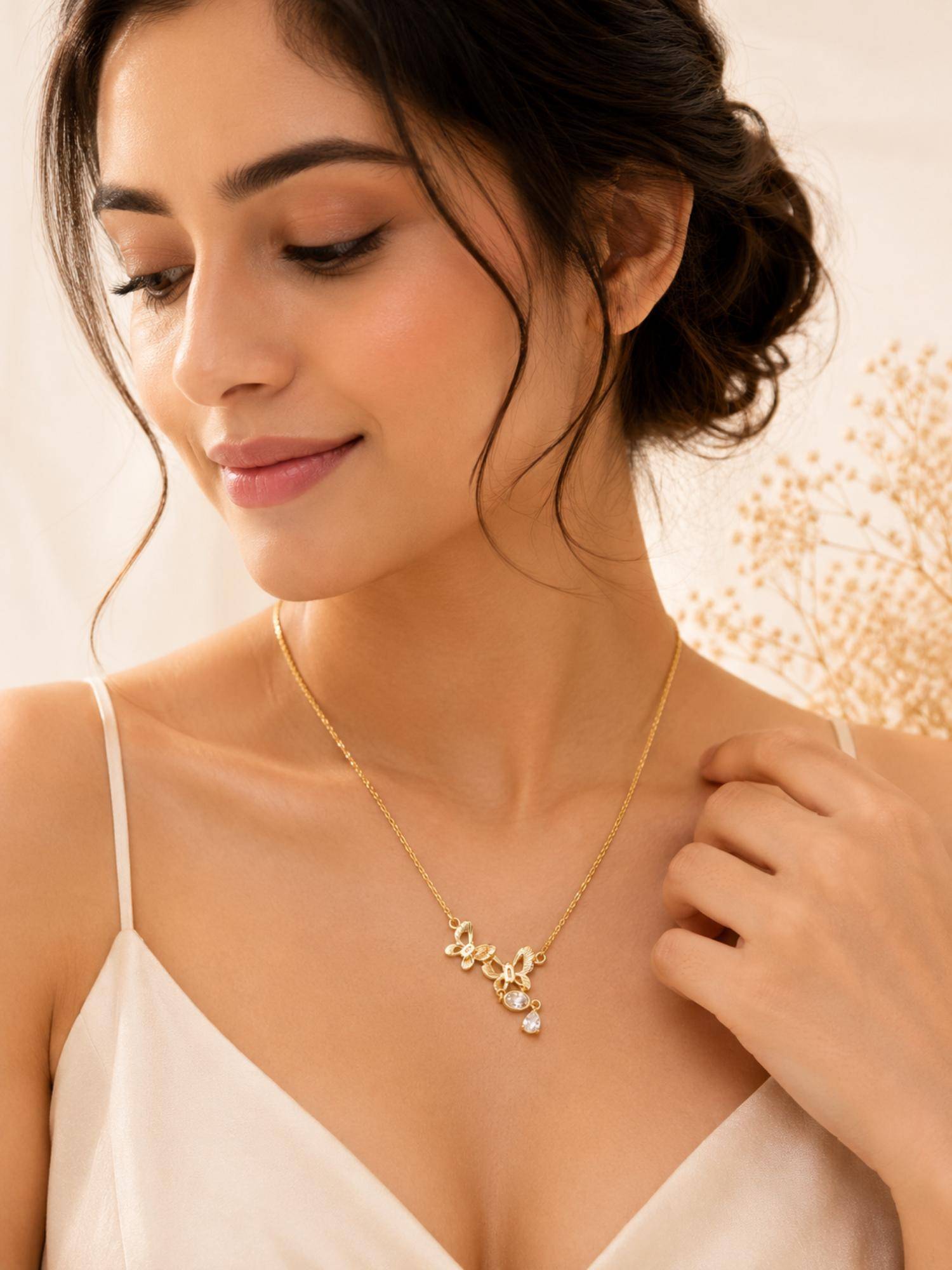 AANURA 18K Gold Plated Butterfly Trio Crystal Drop Necklace