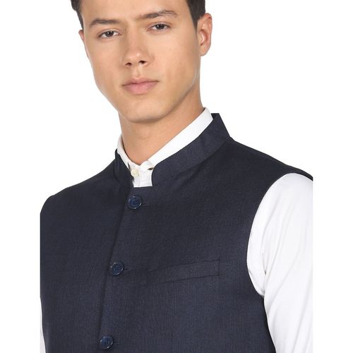 Buy Arrow Men Navy Blue Mandarin Collar Heathered Nehru Jacket Online