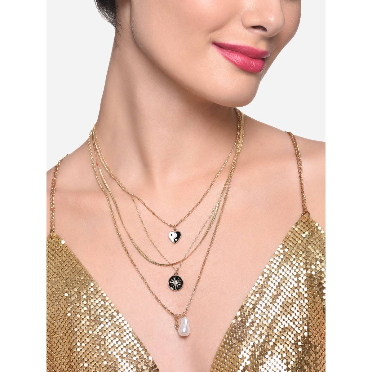 Zaveri Pearls Black & White Enamel Contemporary 4 Layers Necklace & Chain - ZPFK16217
