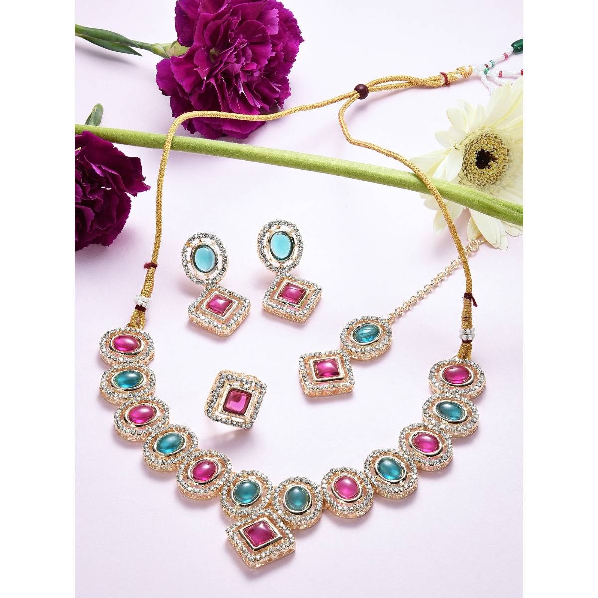Zaveri Pearls Multi-Color AD Choker Necklace Earring Maang Tikka Ring Set - ZPFK16246