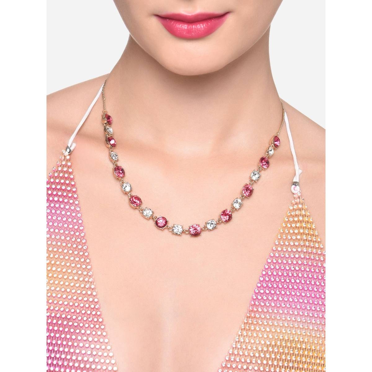Zaveri Pearls Red Dazzling Stones Embellished Bling Contemporary Necklace - ZPFK16392