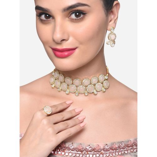 Zaveri Pearls Beige Stones Ethnic Choker Necklace Earring Ring Set  ZPFK16400