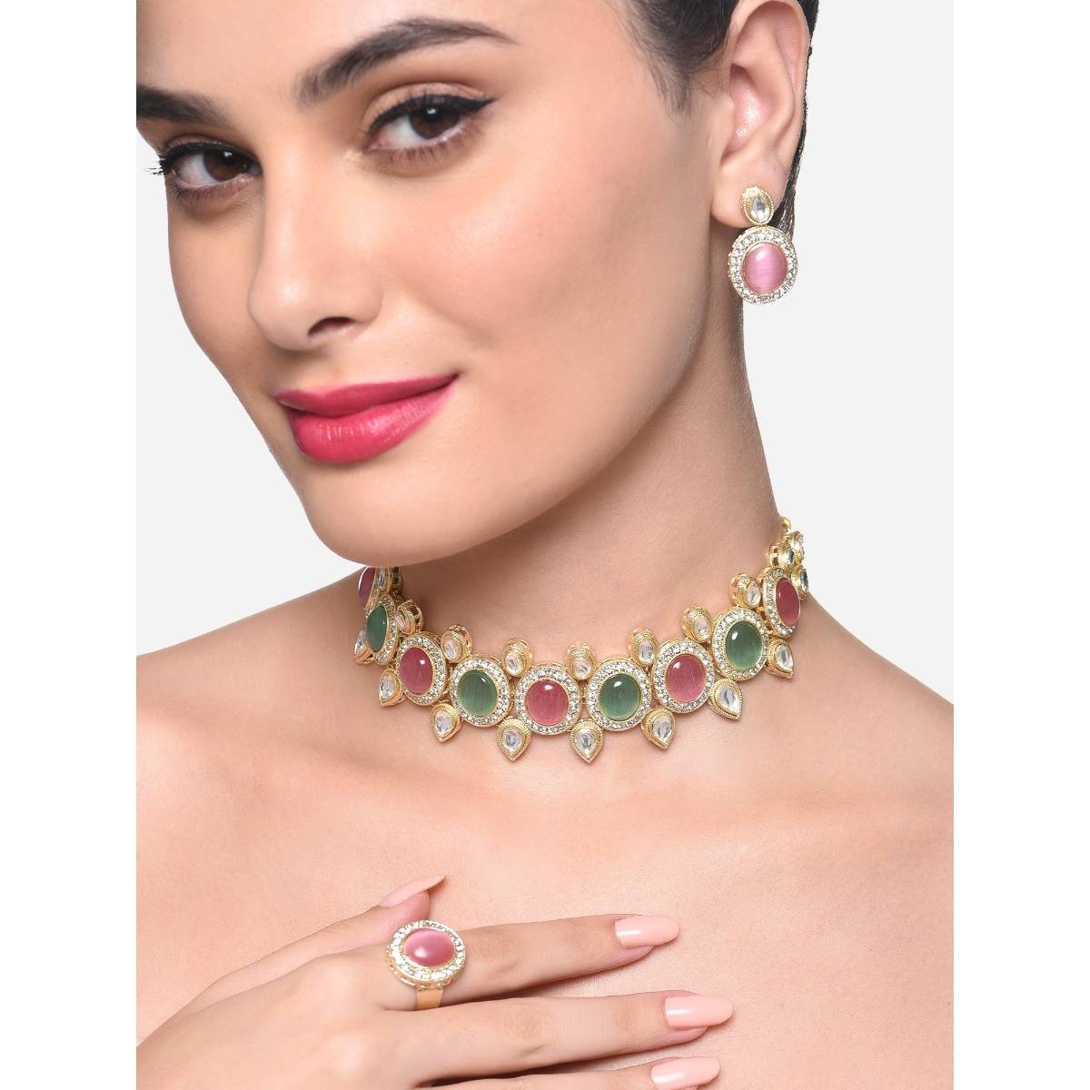 Zaveri Pearls Green Pink Stones Kundan Choker Necklace Earring Ring Set - ZPFK16491