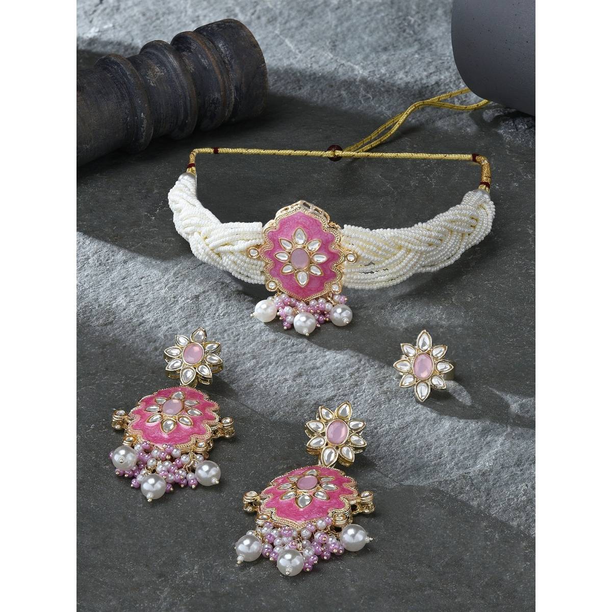 Zaveri Pearls Pink White Meenakari Kundan Choker Necklace Earring Ring Set - ZPFK16502