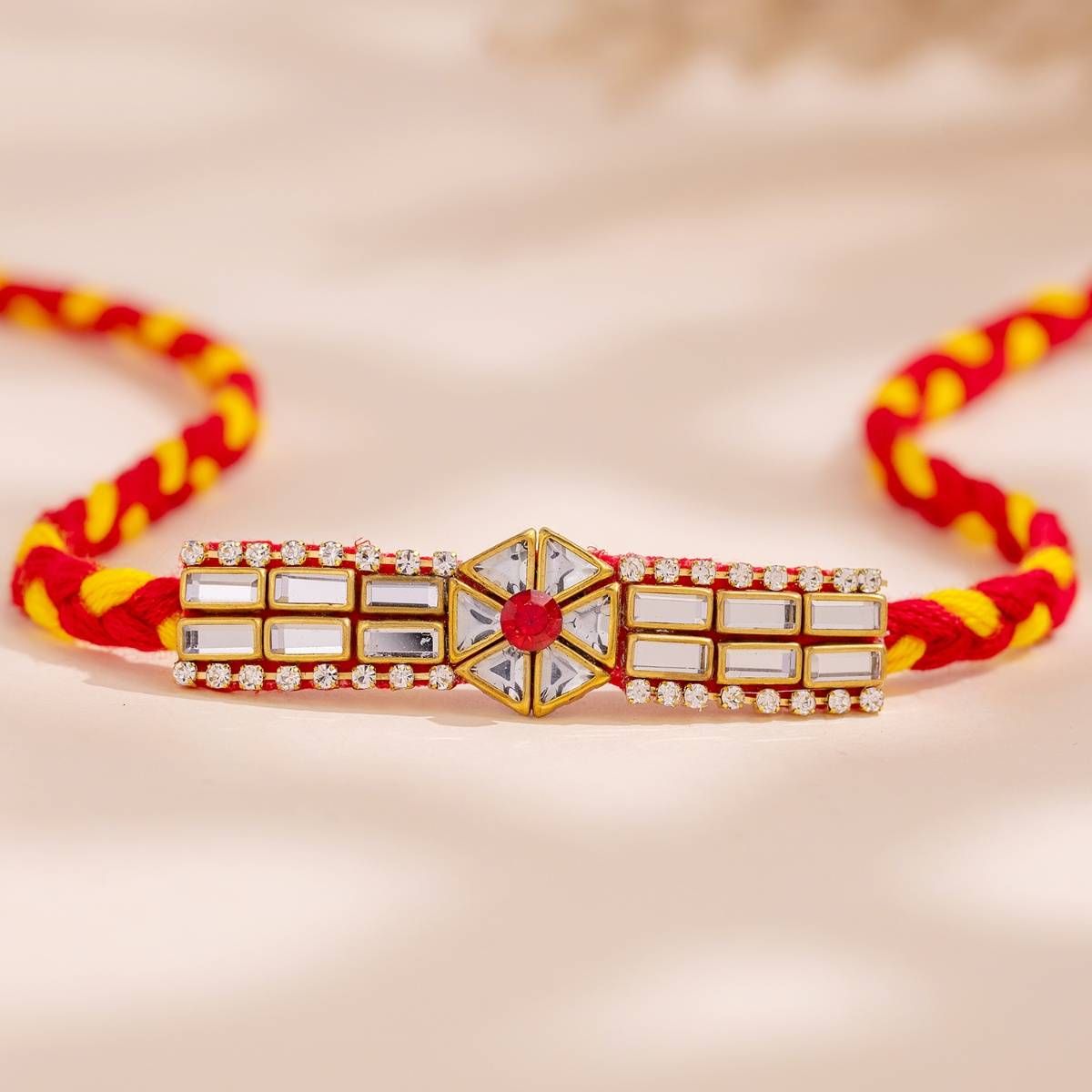 Voylla Elegant Kundan Polki Blossom Thread Rakhi Gift Set For Brother