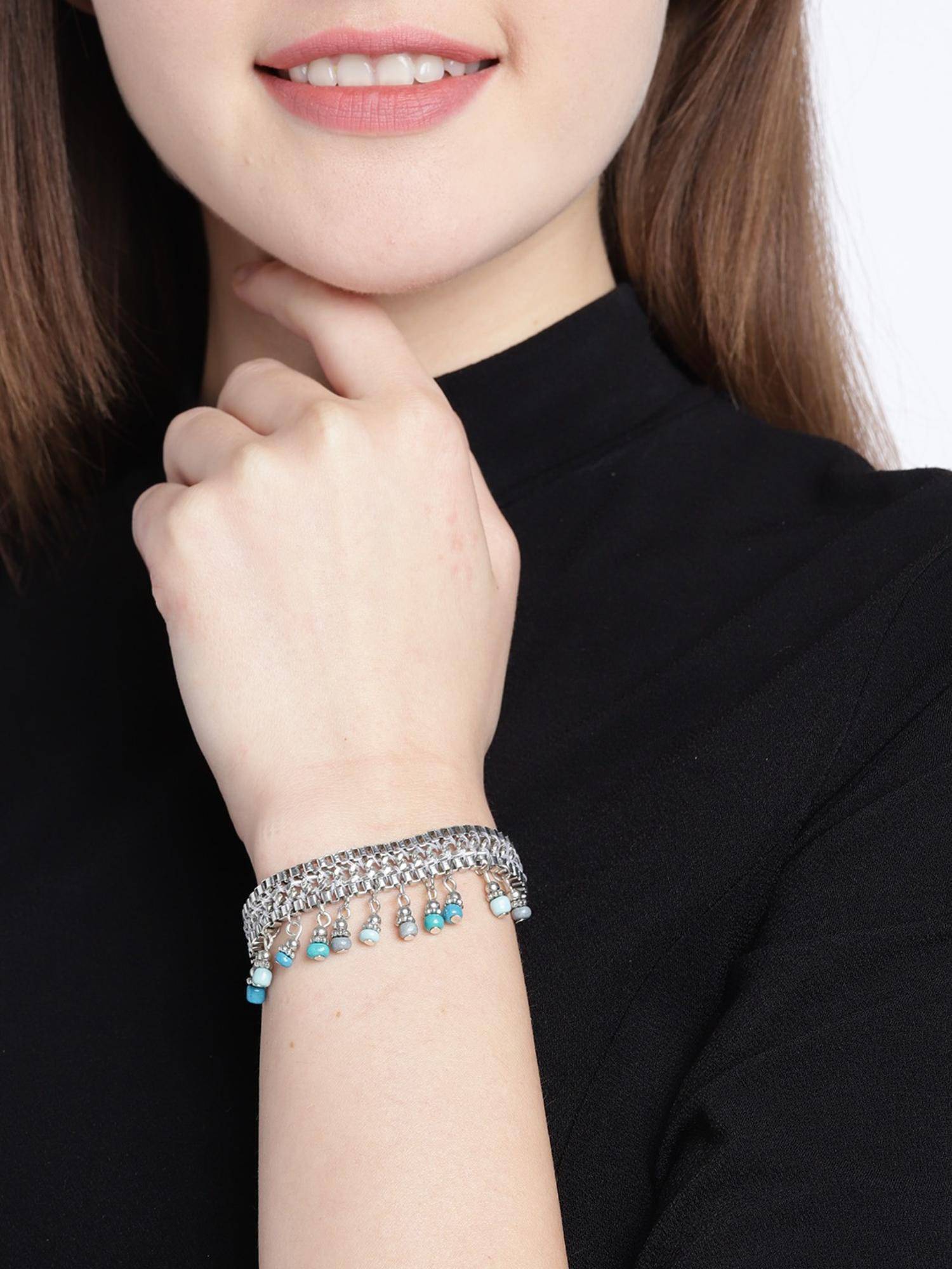 RICHEERA Blue Silver-Plated Turquoise Beaded Bracelet