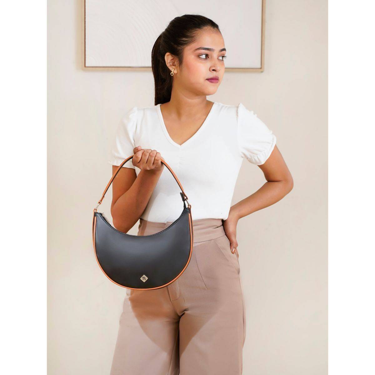 Nestasia Moon Shoulder Bag for Women Black (S)