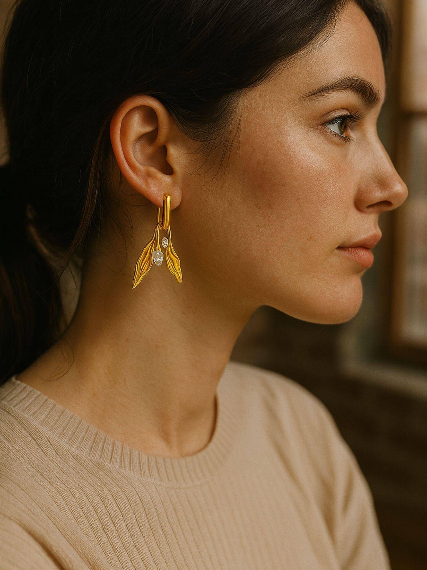 Digital Dress Room Gold Plated Abstract Drop Earrings with Crystal Stones