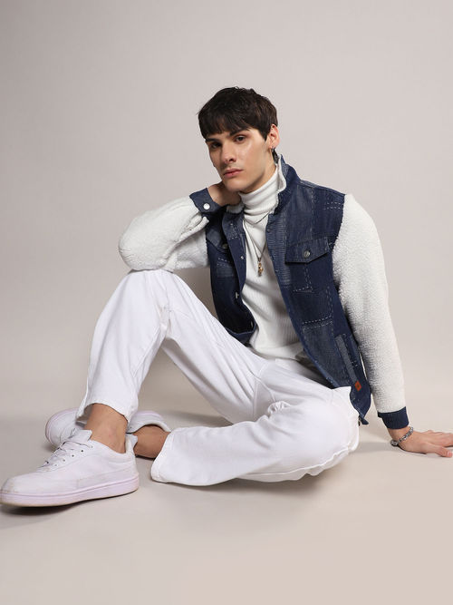 Buy Campus Sutra Mens Navy Blue Chalk White Fleece Block Denim